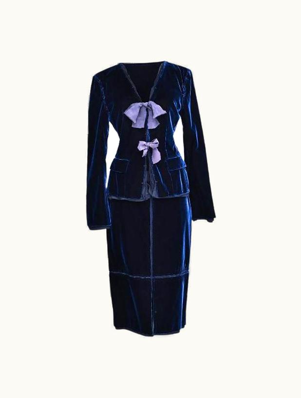 Saint Laurent AW 2002 Yves Saint Laurent By Tom Ford Blue Velvet And Silk Ribbons Suit Set