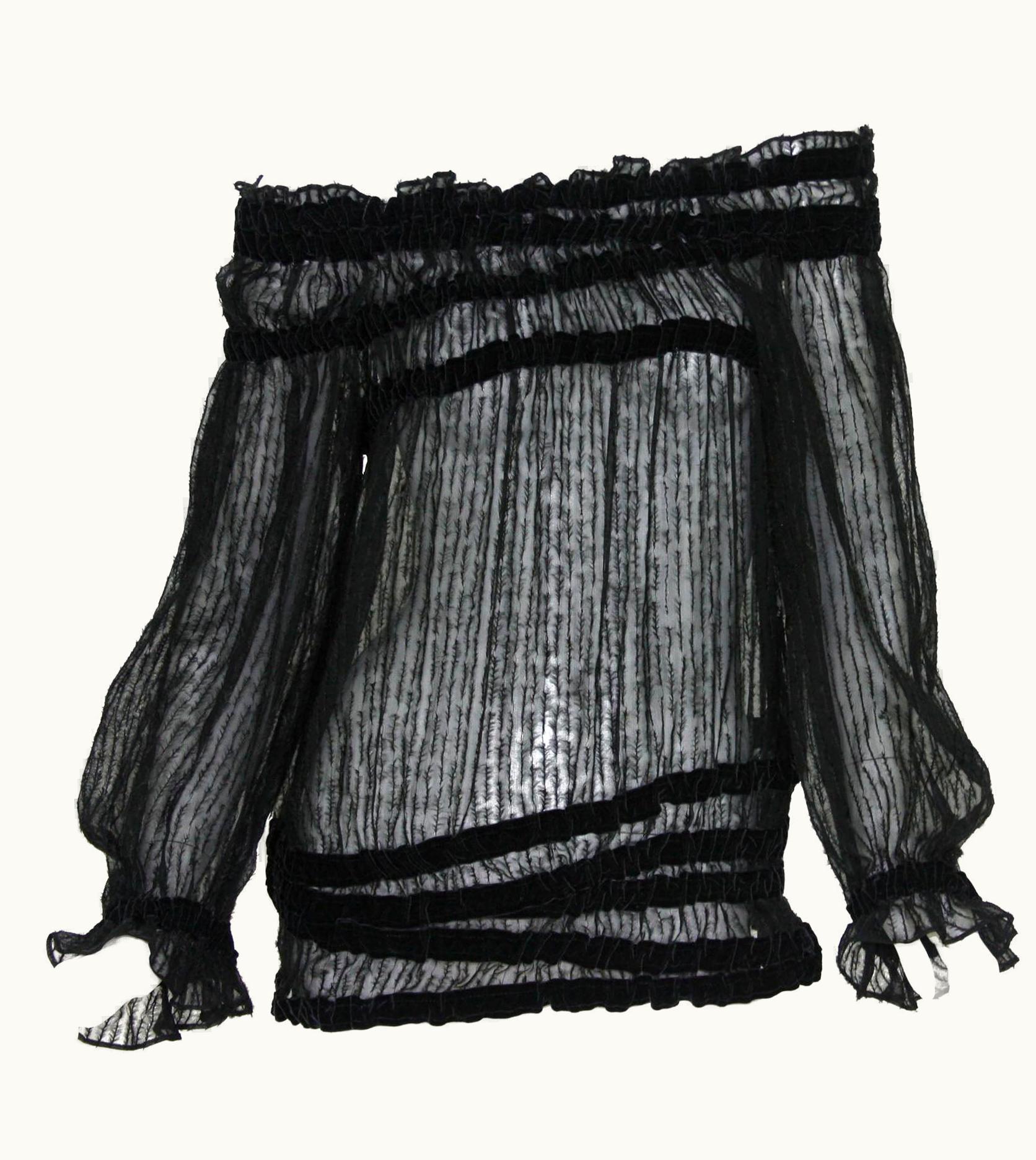 Saint Laurent Tom Ford For Yves Saint Laurent AW 2001 Black Silk Sheer Off-Shoulder Top Blouse