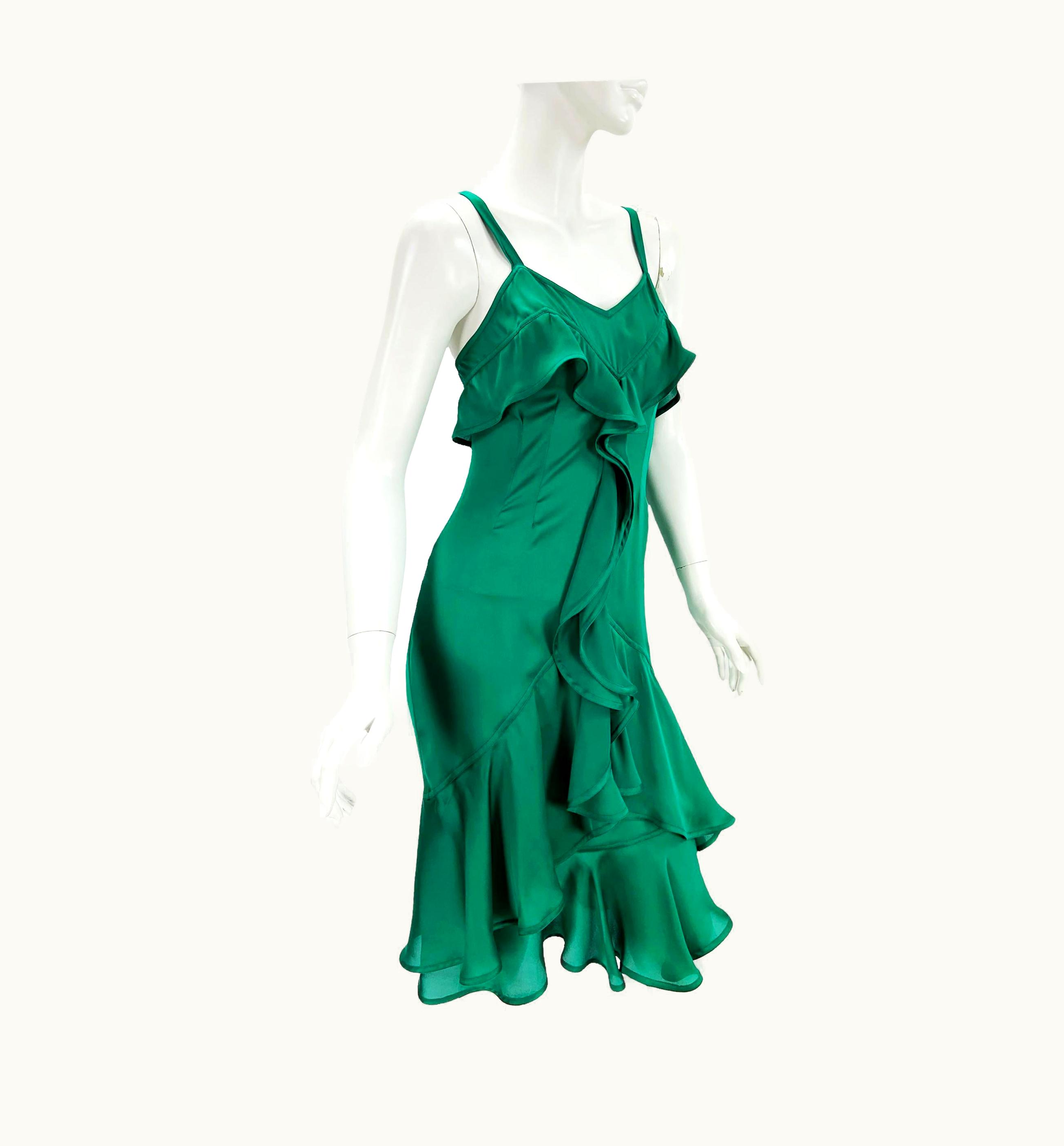 Saint Laurent Tom Ford For Yves Saint Laurent Ad Campaign AW 2003 Silk Green Ruffle Dress