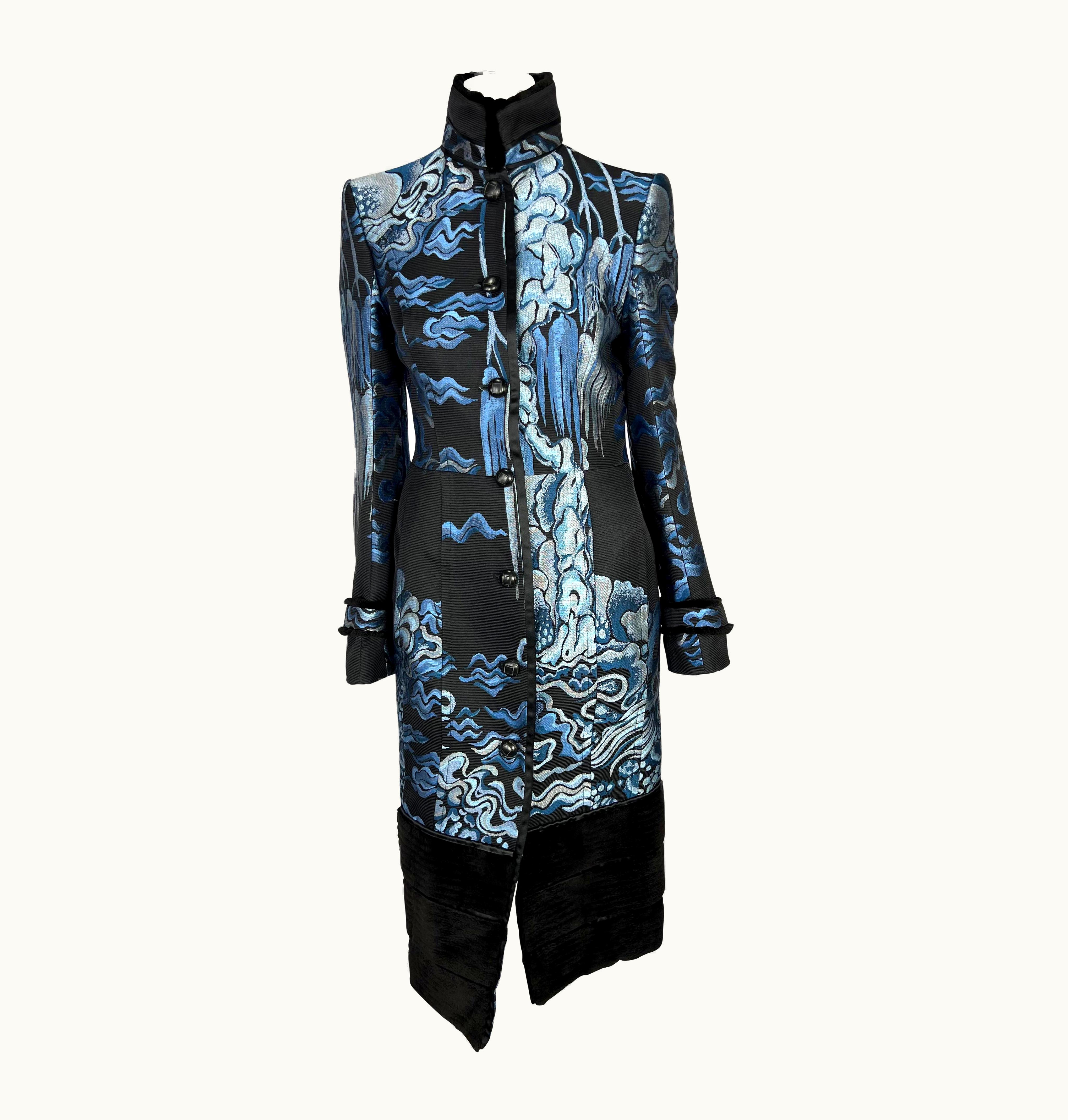 Saint Laurent AW 2004 Yves Saint Laurent By Tom Ford Blue Chinoiserie Weave Fur Trim Coat