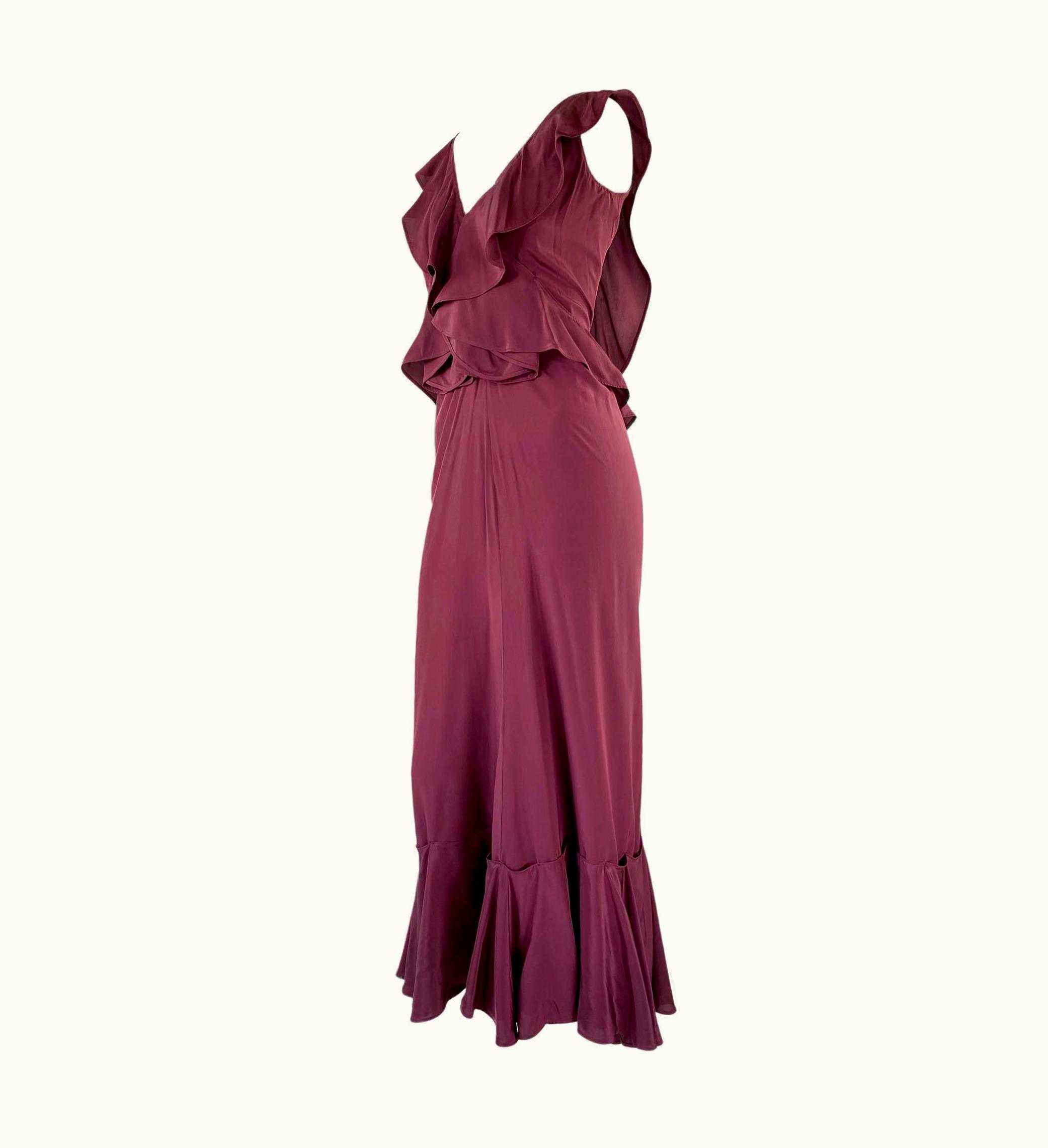 Saint Laurent AW 2003 Yves Saint Laurent By Tom Ford Maroon Silk Ruffle Rive Gauche Gown