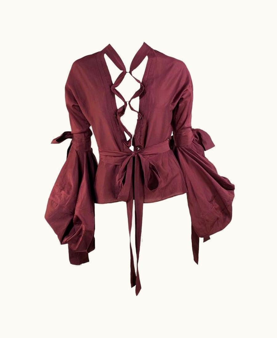 Saint Laurent AW 2002 Yves Saint Laurent By Tom Ford Maroon Balloon Sleeve Ribbon Tie Blouse