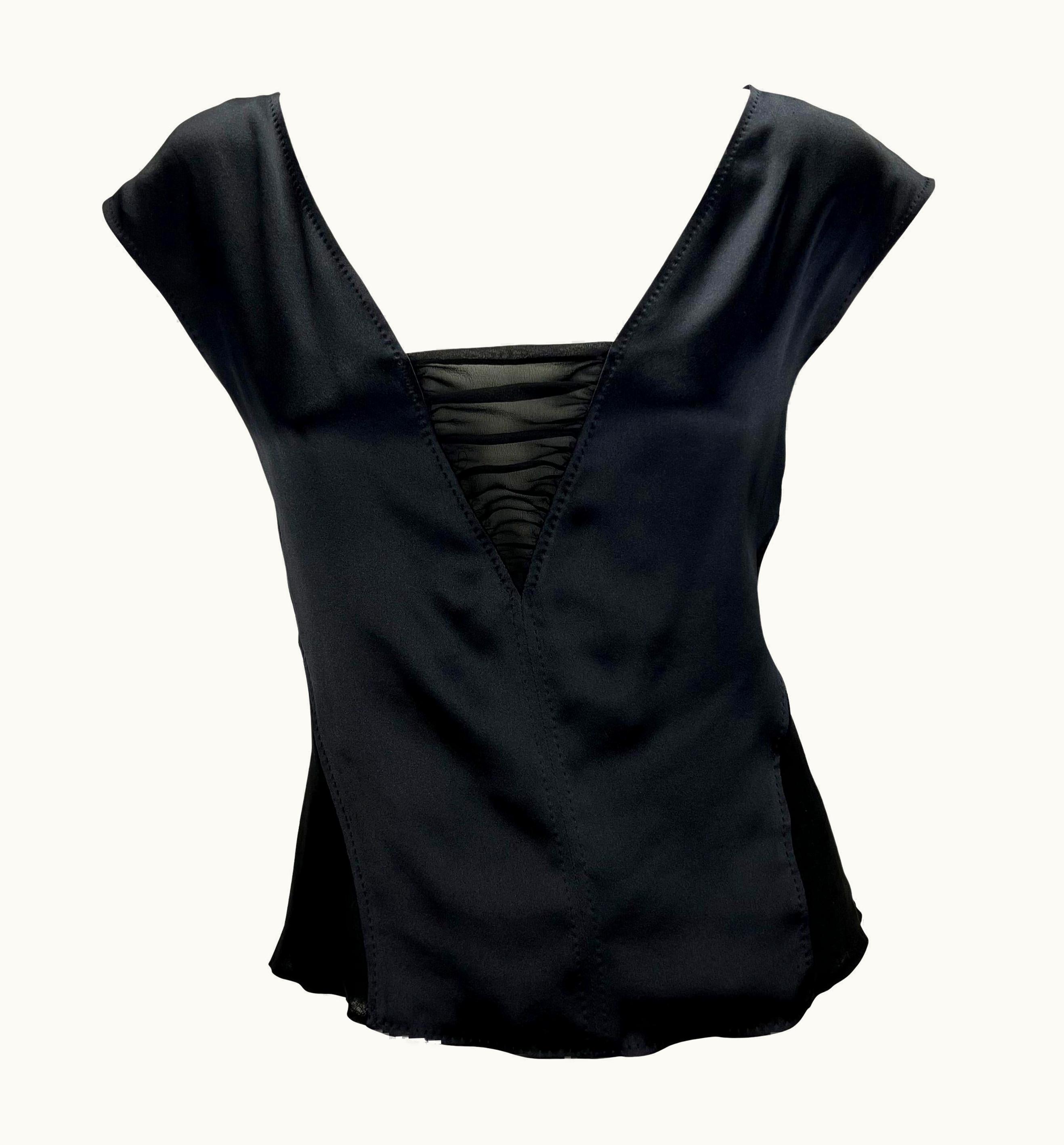 Saint Laurent 2000s Yves Saint Laurent By Tom Ford Black Satin Panel Sheer Plunging Top