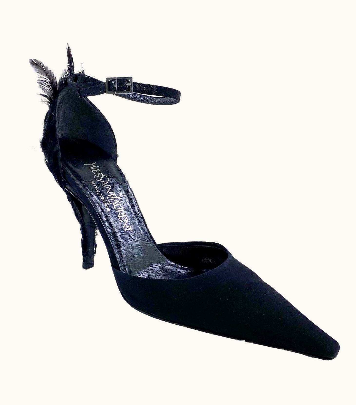 Saint Laurent S/S 2001 Yves Saint Laurent By Tom Ford Feather Black Satin Pointed Toe Pump