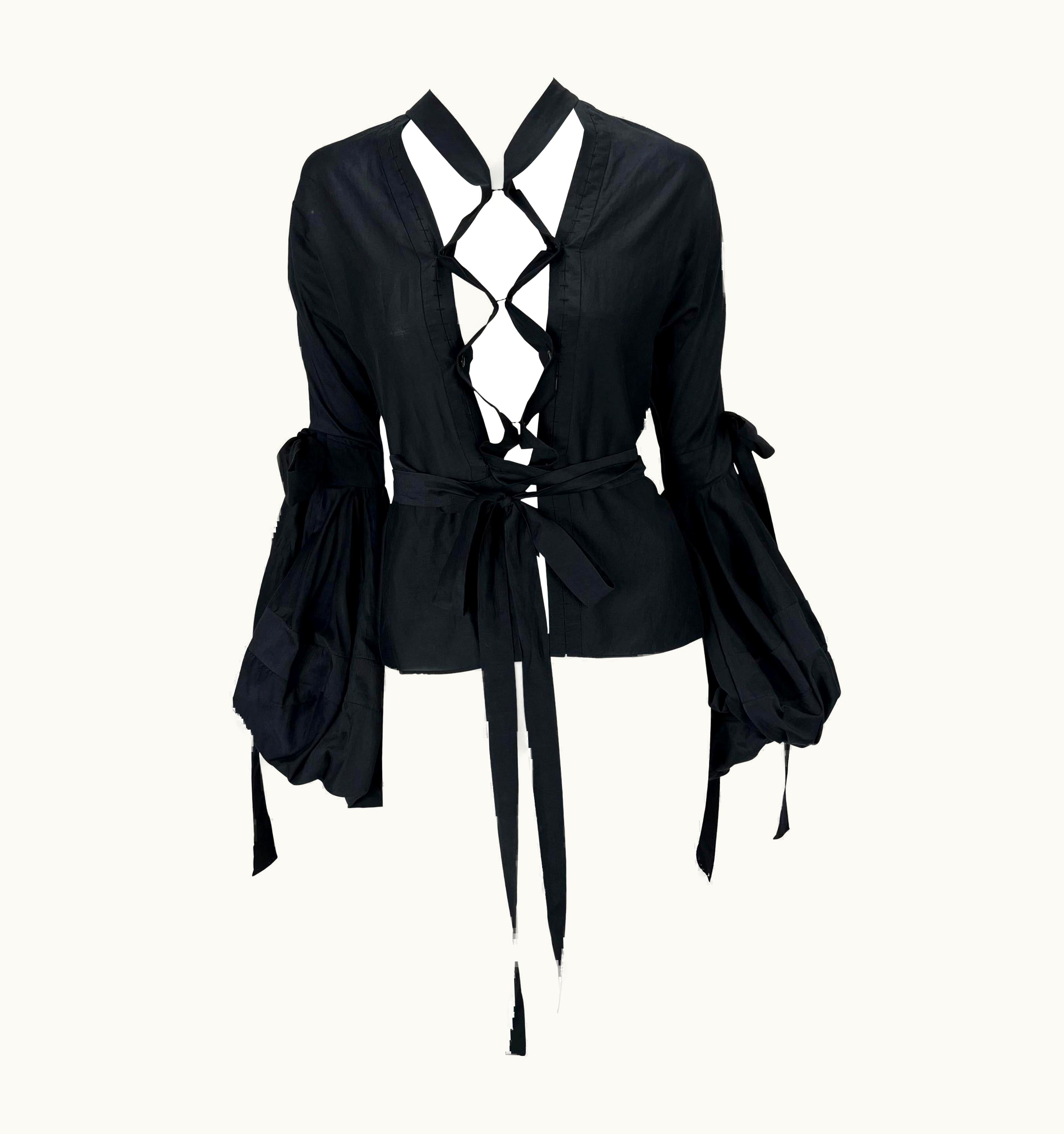 Saint Laurent AW 2002 Yves Saint Laurent By Tom Ford Ribbon Tie Balloon Sleeve Black Blouse