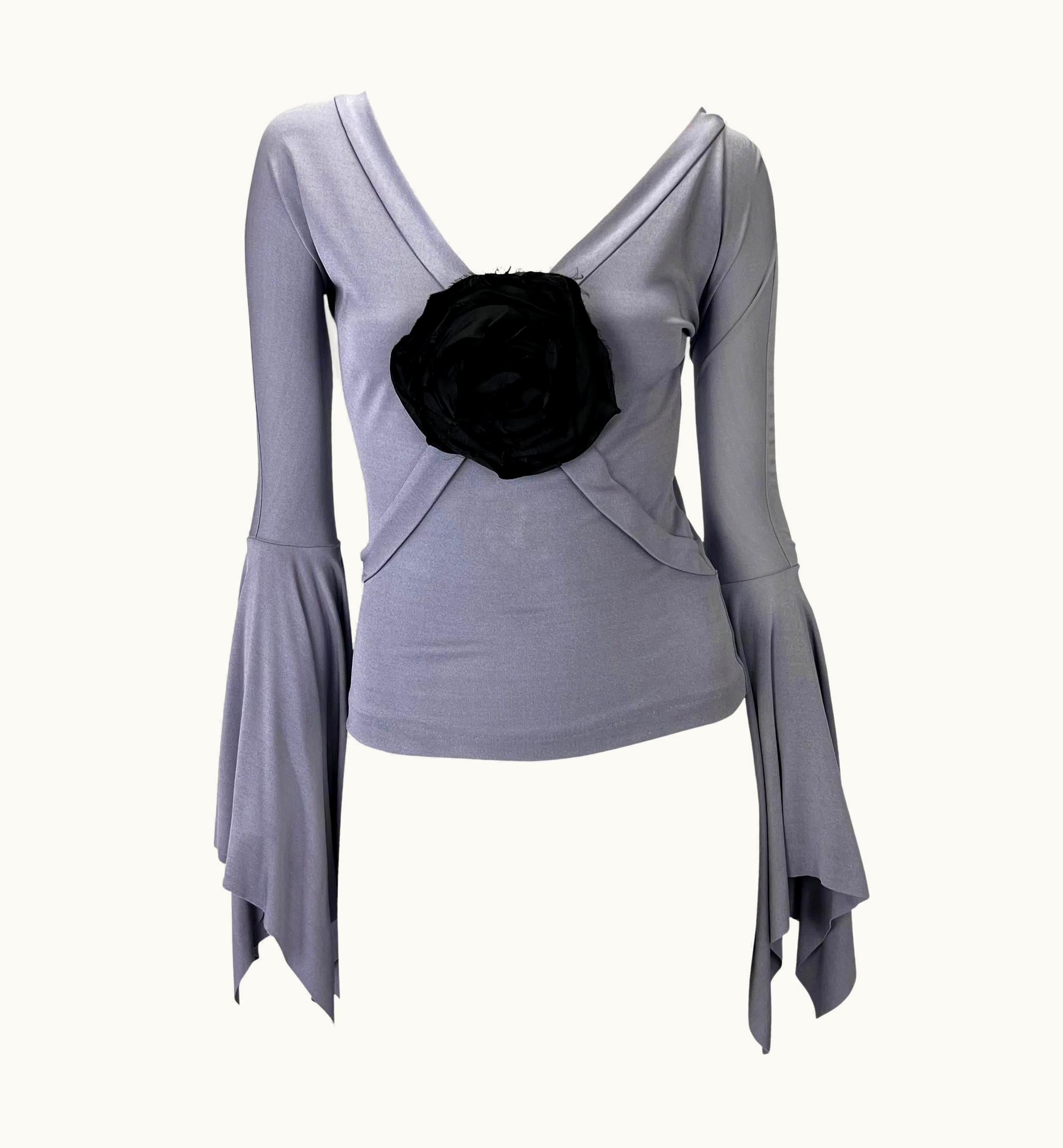 Saint Laurent S/S 2003 Yves Saint Laurent By Tom Ford Lavender Floral Brooch Flare Sleeve Top