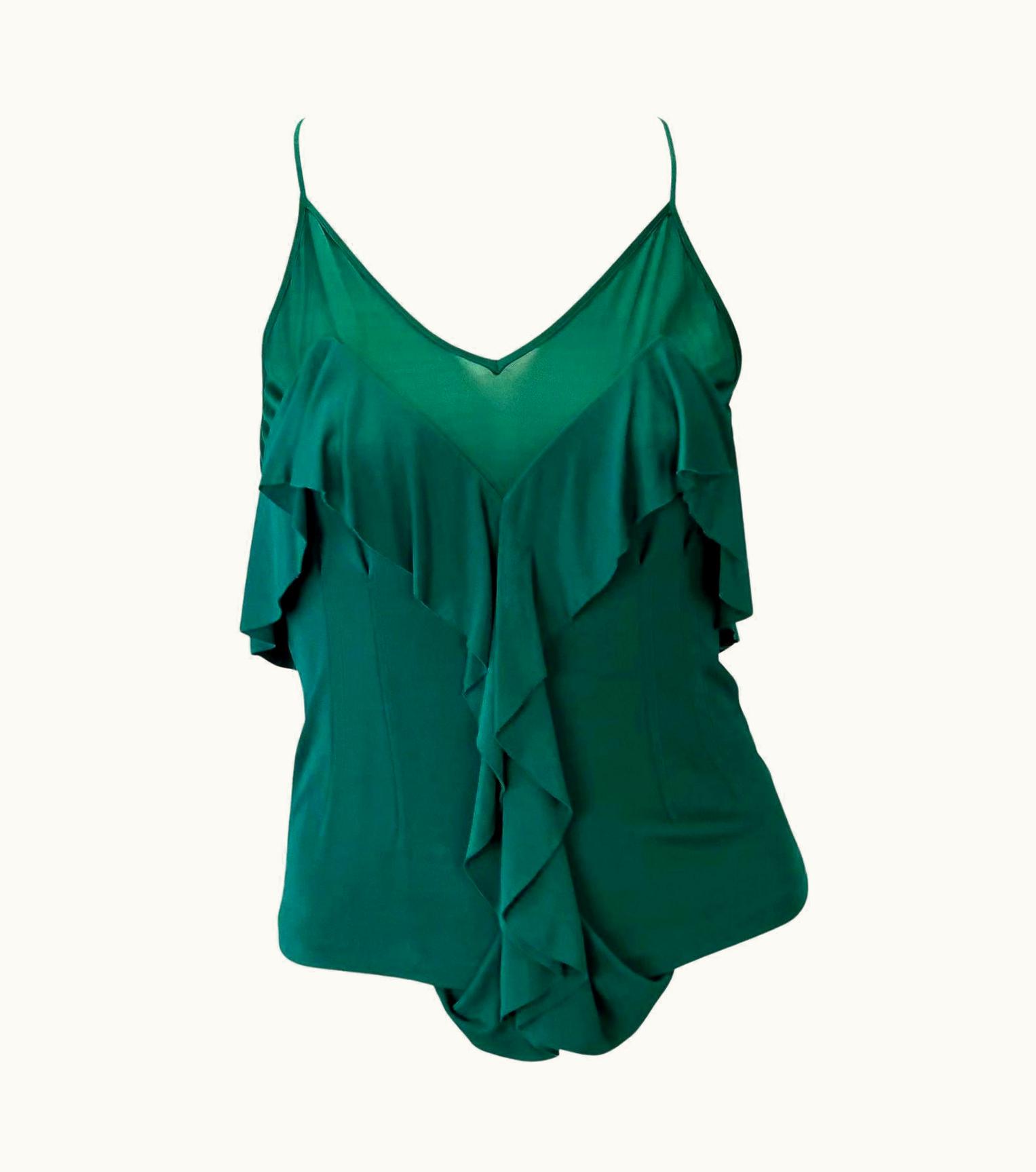 Saint Laurent AW 2003 Yves Saint Laurent By Tom Ford Teal Green Sheer Ruffle Tank Top
