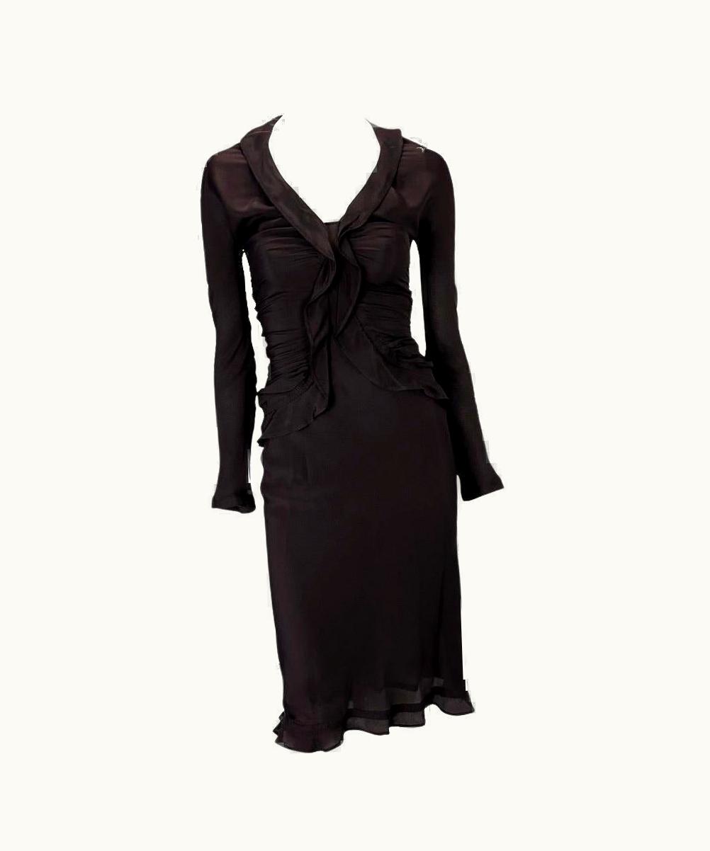 Saint Laurent AW 2003 Yves Saint Laurent By Tom Ford Runway Dark Burgundy Silk Ruffle Dress