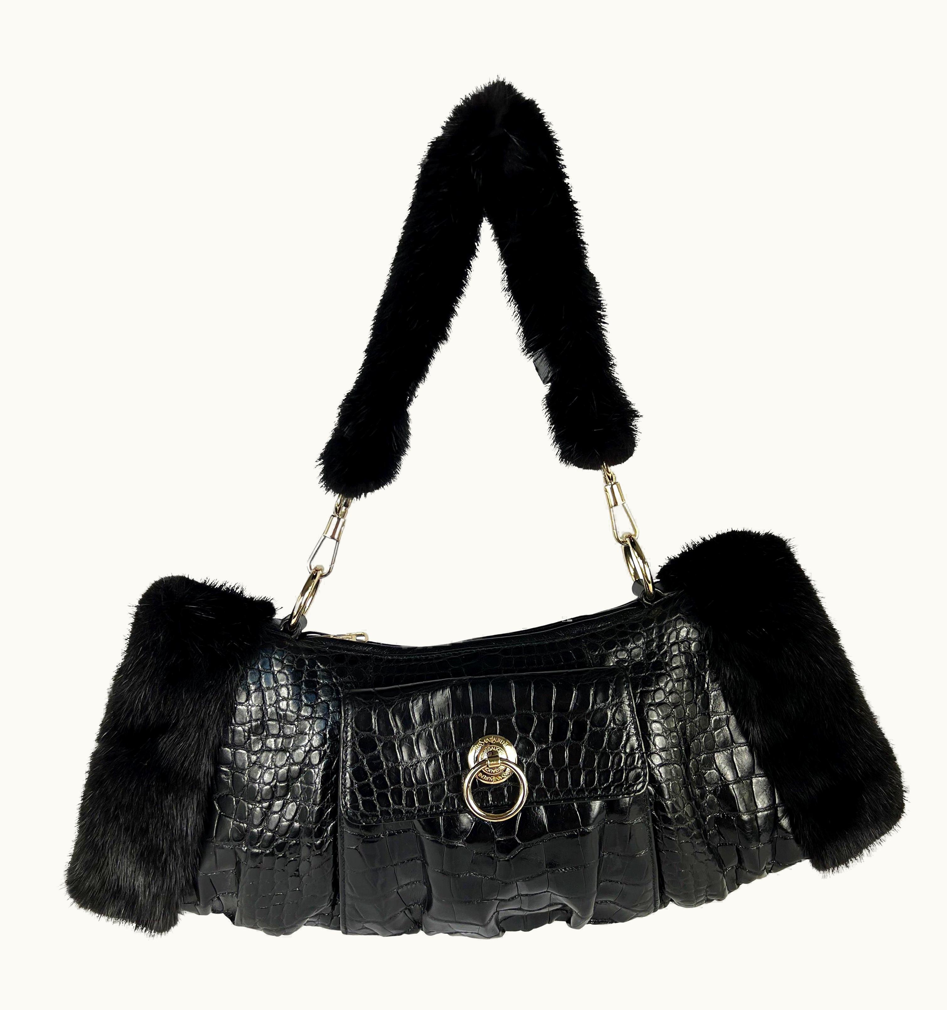 Saint Laurent AW 2004 Yves Saint Laurent By Tom Ford Mink Trimmed Croc Muff Clutch Bag