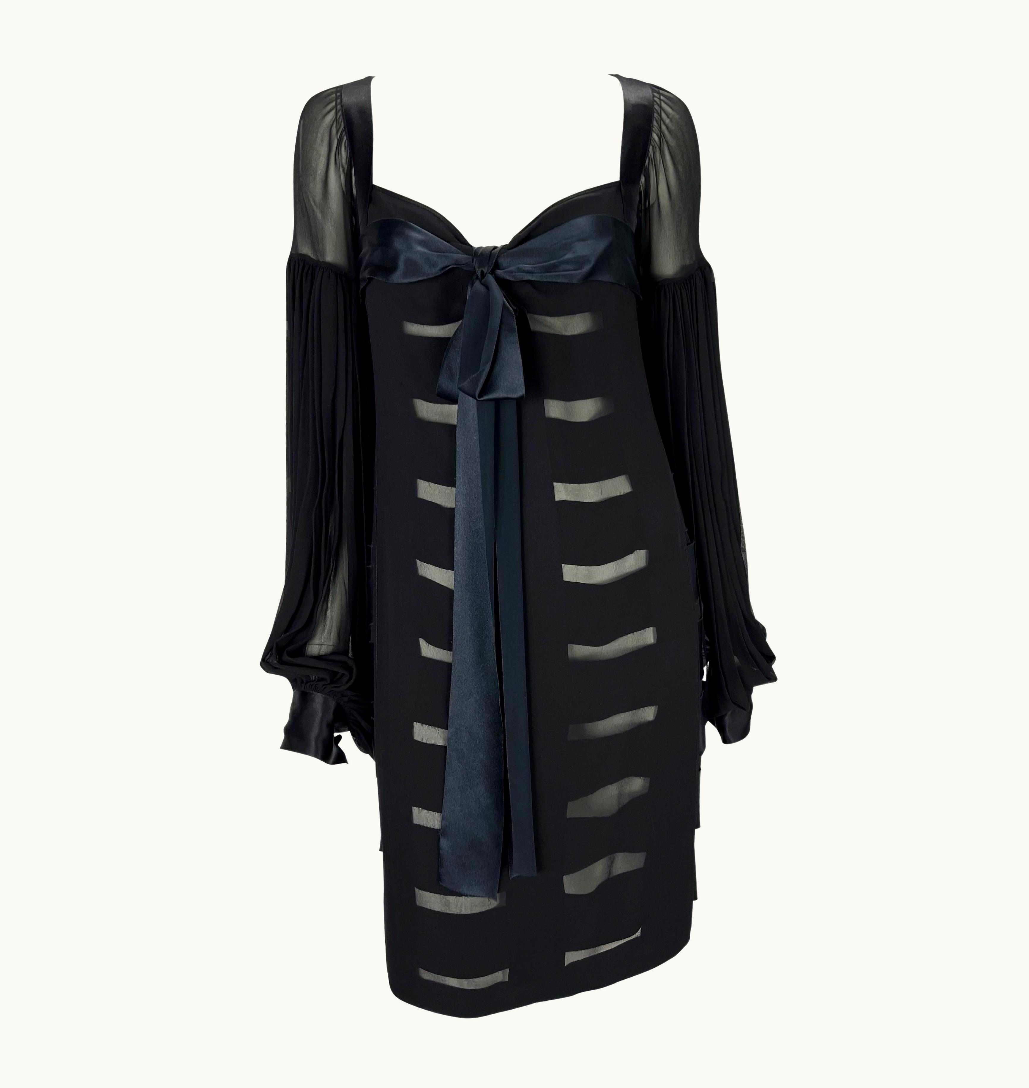 Saint Laurent AW 2002 Yves Saint Laurent By Tom Ford Black Sheer Poet Sleeve Ribbon Dress