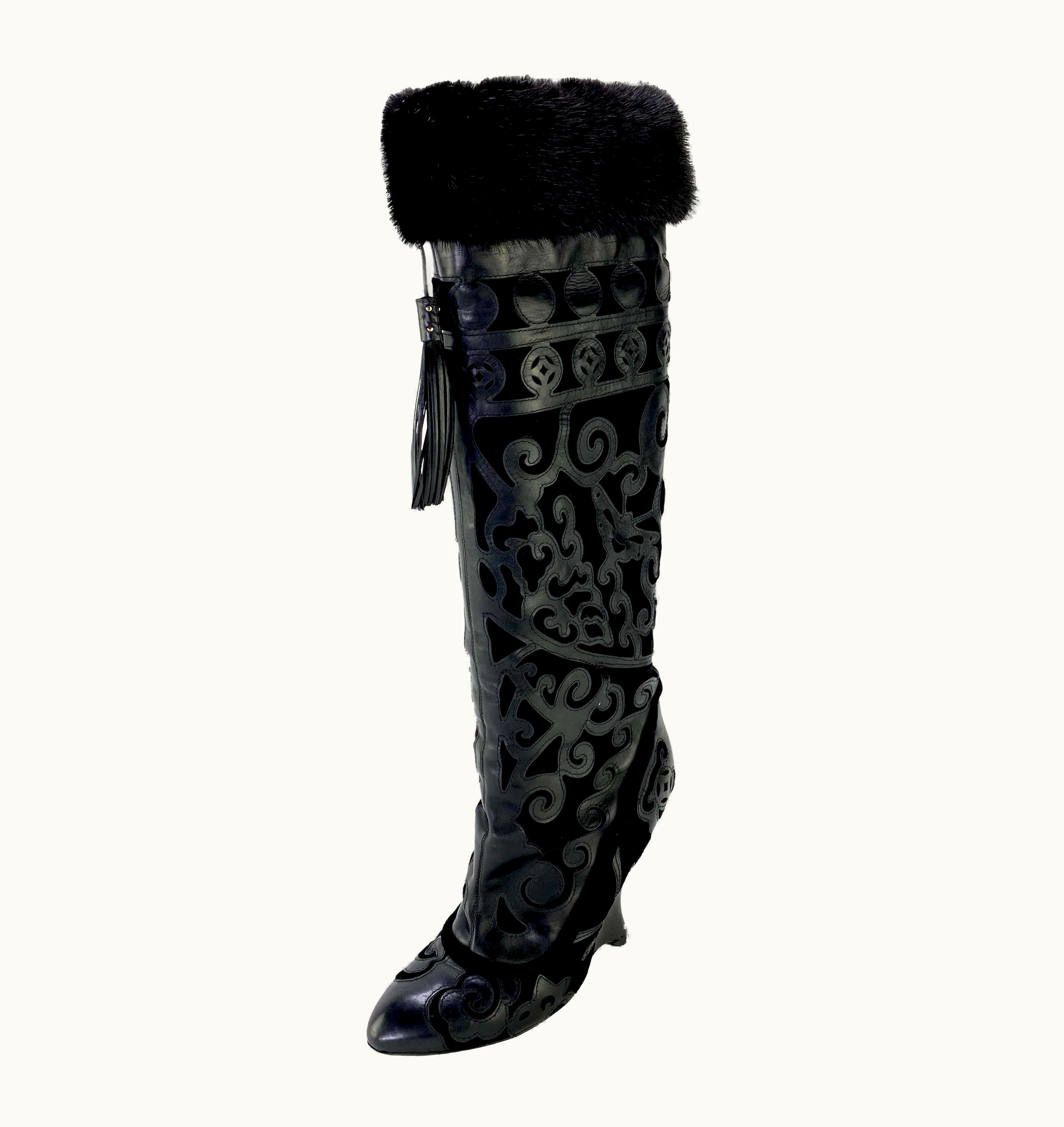 Saint Laurent AW 2004 Yves Saint Laurent By Tom Ford Chinoiserie Fur Wedge Boots
