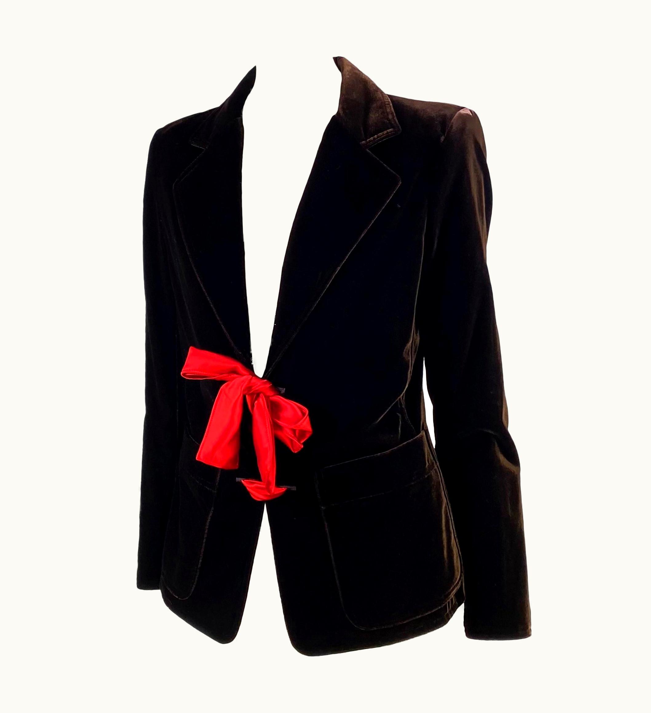 Saint Laurent AW 2003 Yves Saint Laurent By Tom Ford Brown Velvet Blazer Red Satin Tie