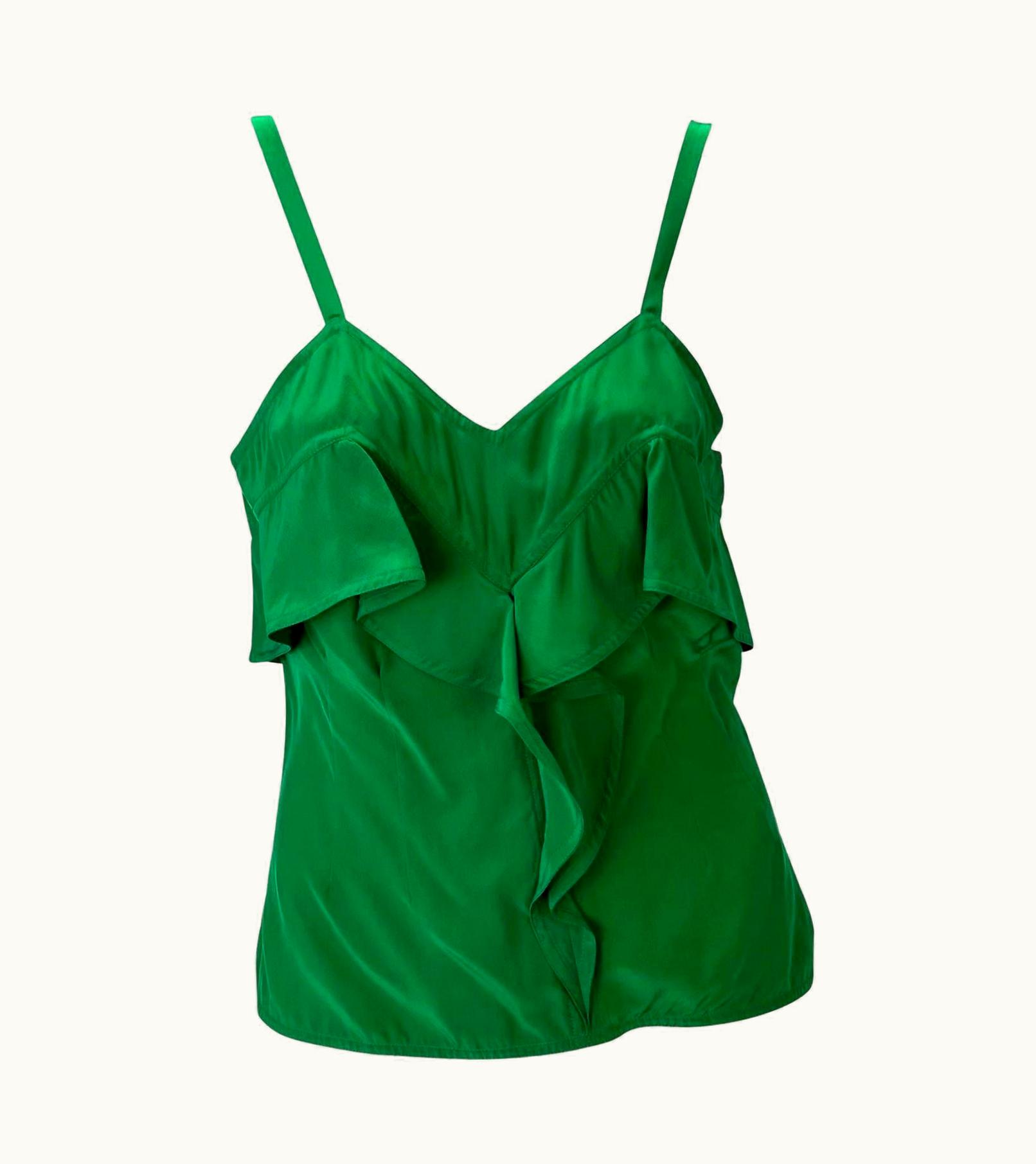 Saint Laurent AW 2003 Yves Saint Laurent By Tom Ford Emerald Green Silk Ruffle Tank Top