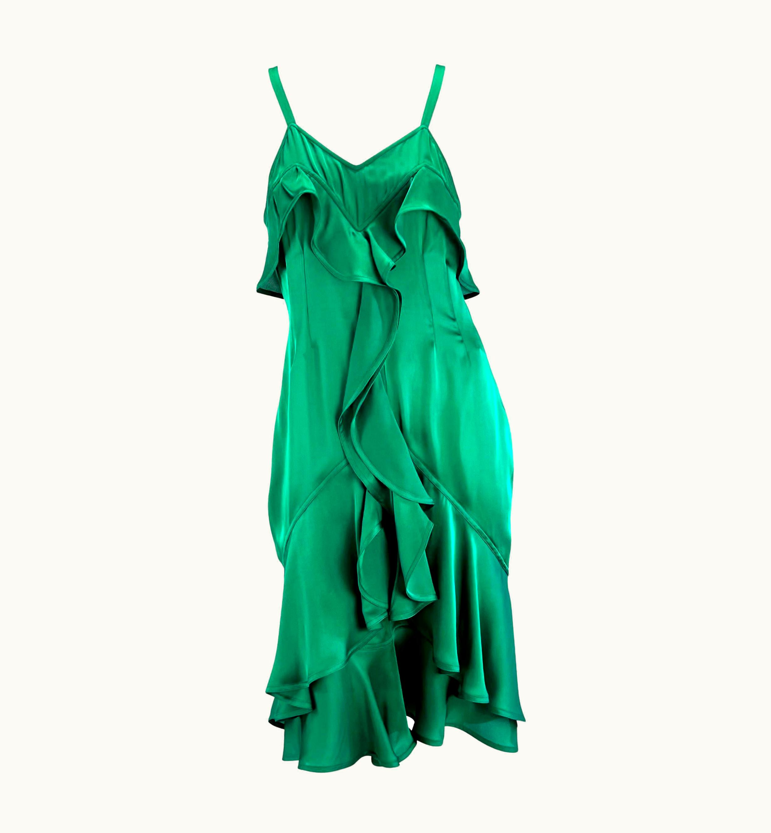 Saint Laurent AW 2003 Yves Saint Laurent By Tom Ford Runway Emerald Green Ruffle Silk Dress