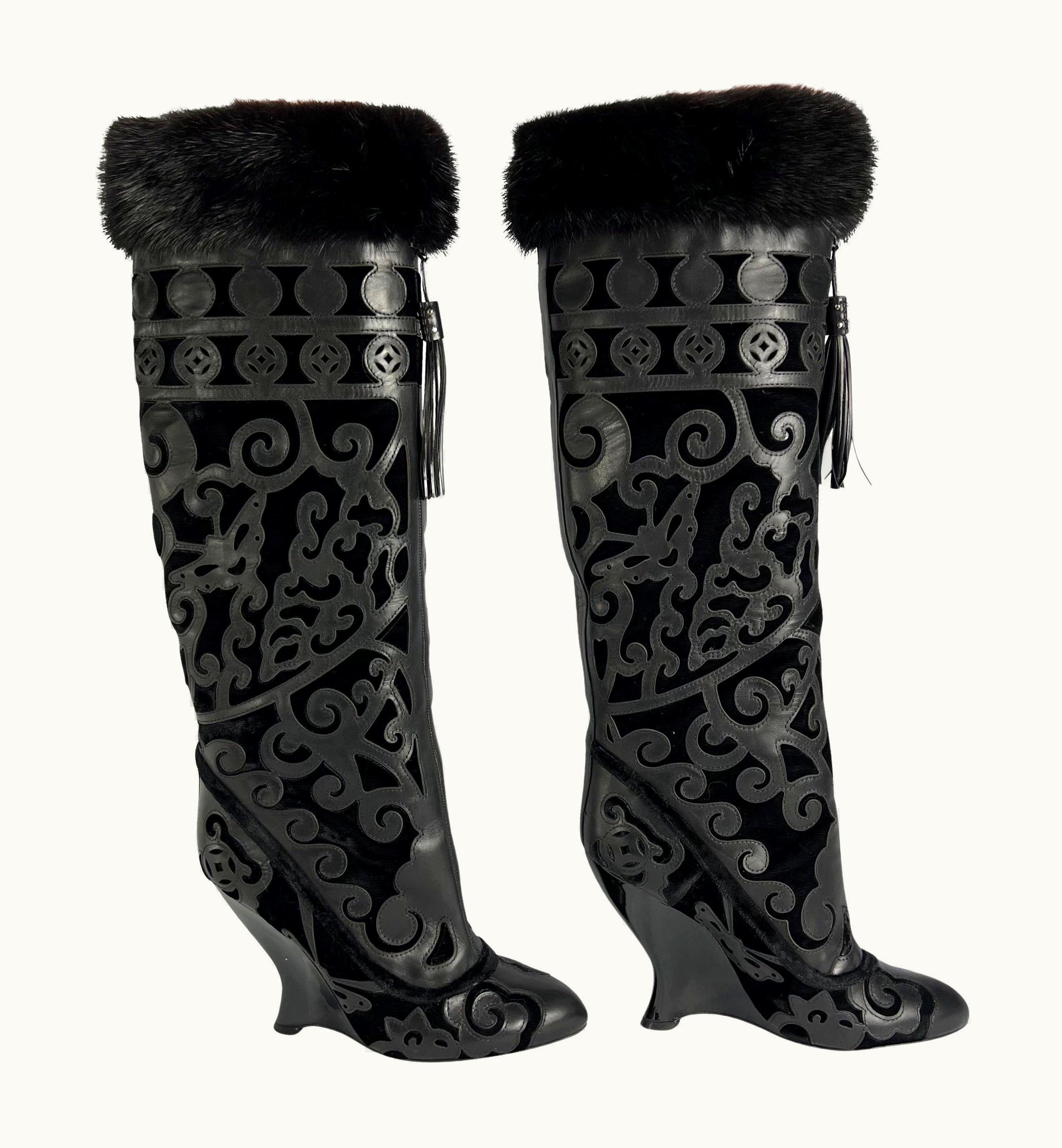 Saint Laurent Nwt AW 2004 Yves Saint Laurent By Tom Ford Chinoiserie Fur Wedge Boots