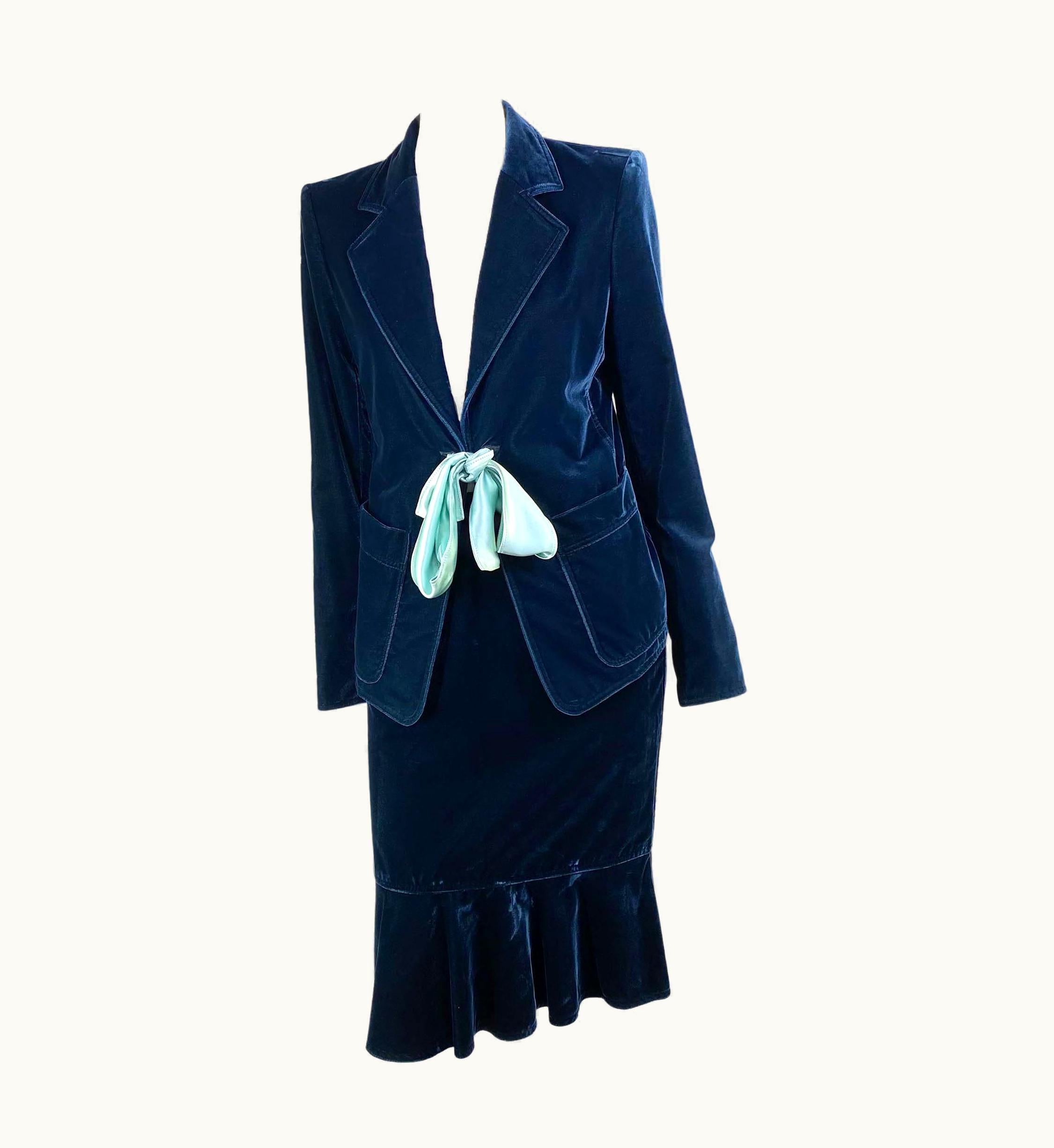 Saint Laurent AW 2003 Yves Saint Laurent By Tom Ford Runway Green Velvet Ribbon Skirt Suit