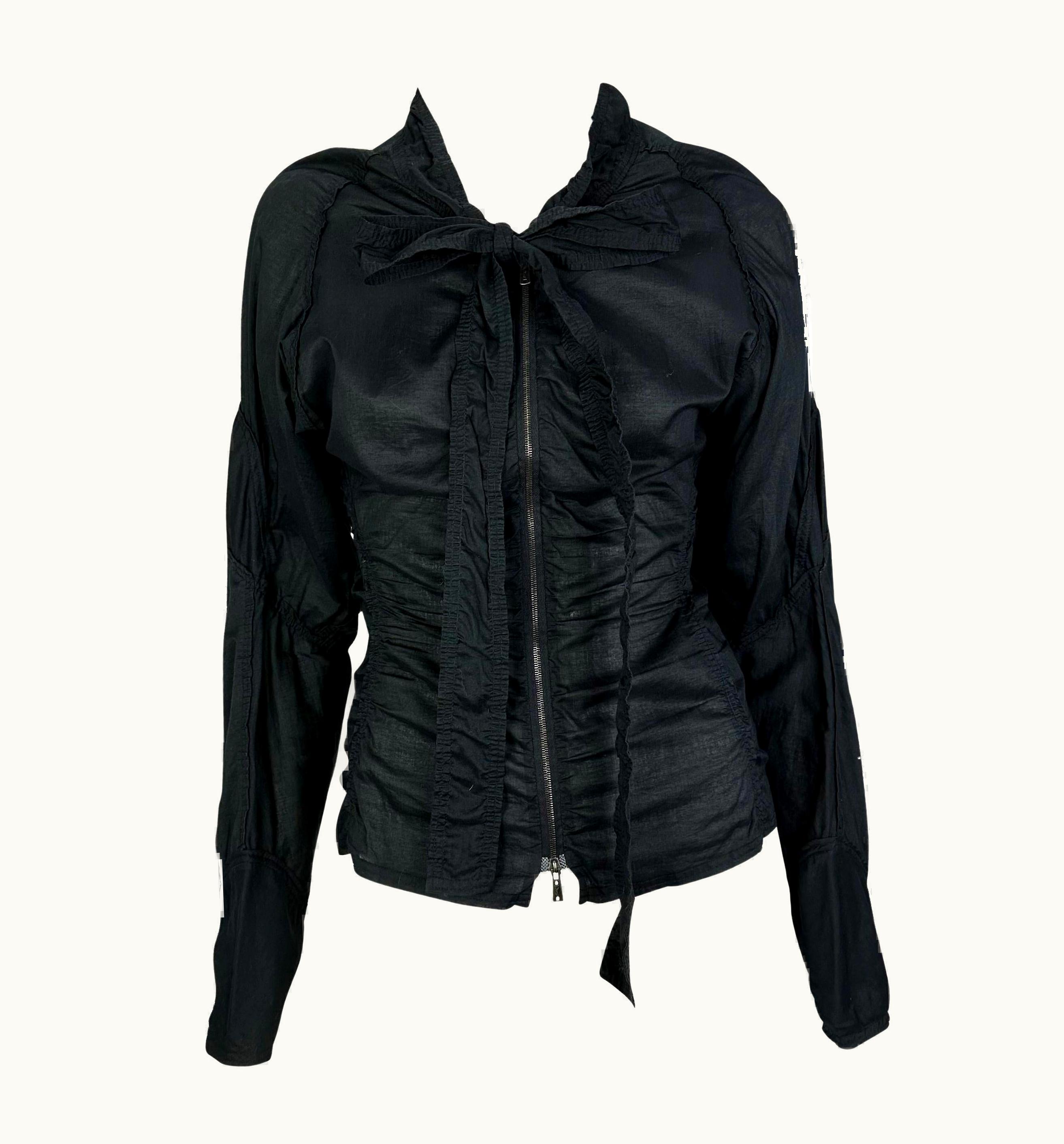 Saint Laurent S/S 2002 Yves Saint Laurent By Tom Ford Safari Black Ruched Pussy Bow Zip Top