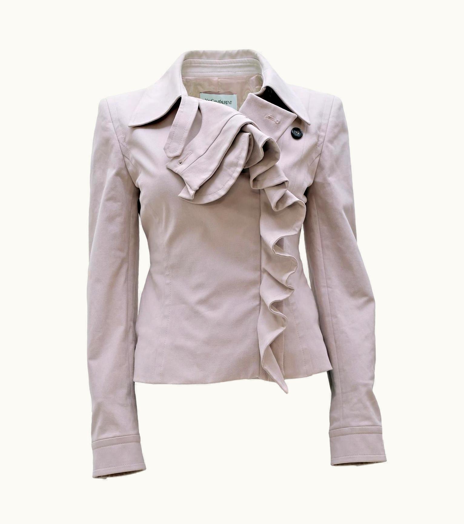 Saint Laurent Yves Saint Laurent By Tom Ford AW-03 Cotton High Neck Blazer - Ruffle Detailing