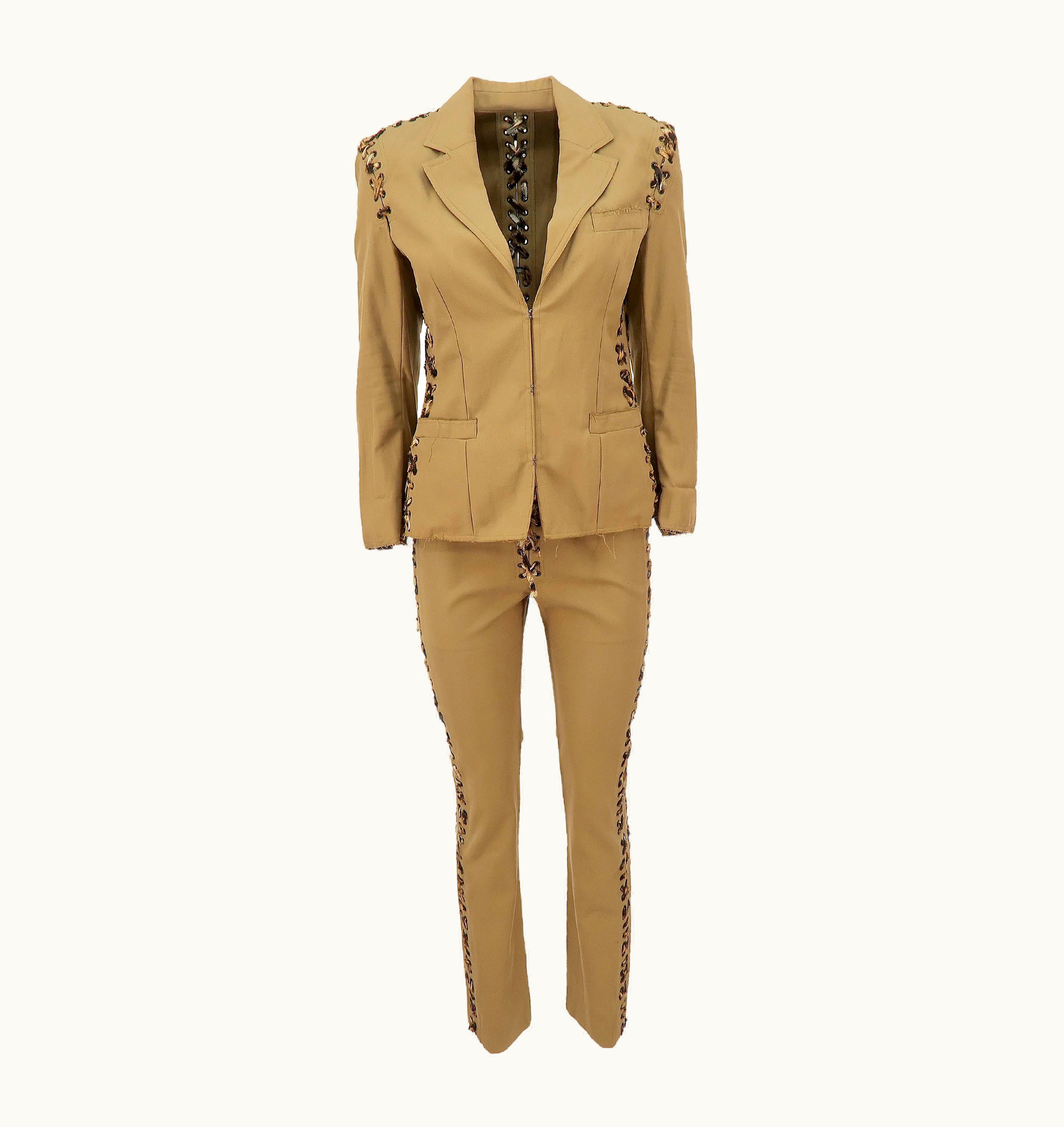 Saint Laurent Yves Saint Laurent By Tom Ford S/S-02 Cotton Laced Safari Suit With Leopard Trim