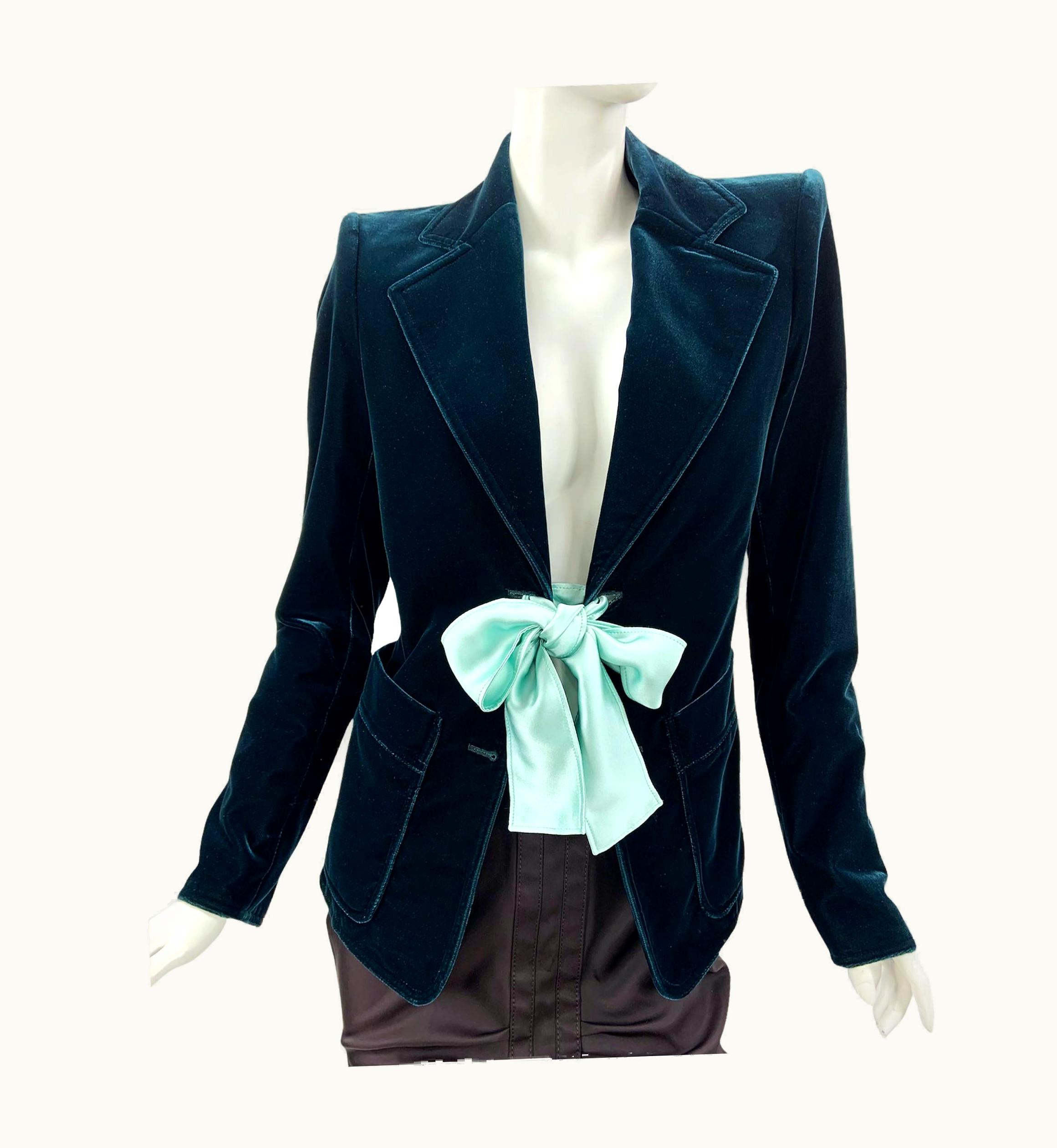 Saint Laurent Tom Ford For Yves Saint Laurent AW 2003 Green Velvet Bow Blazer Jacket Fr