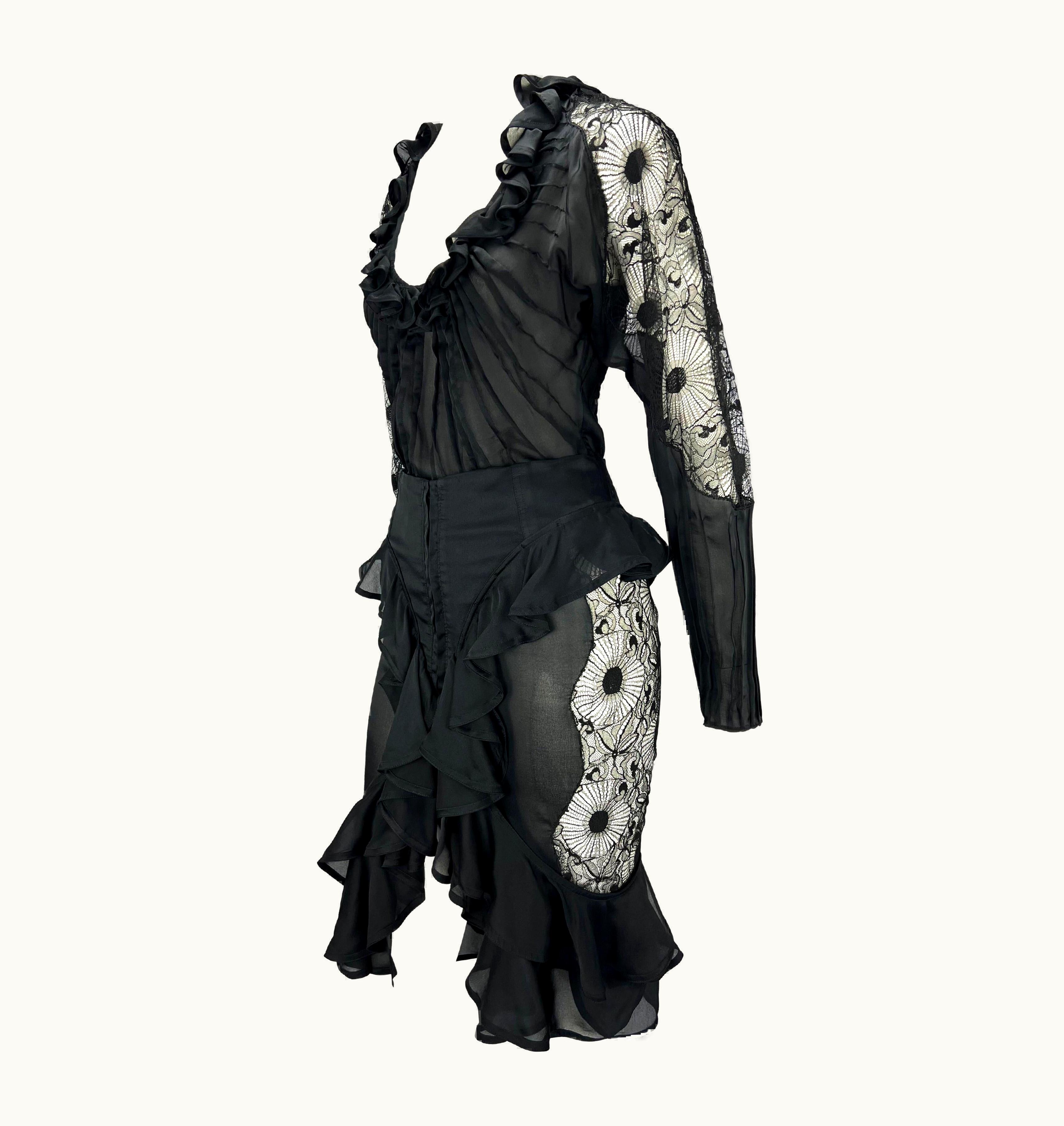 Saint Laurent AW 2003 Yves Saint Laurent By Tom Ford Sheer Lace Satin Ruffled Top Skirt Set