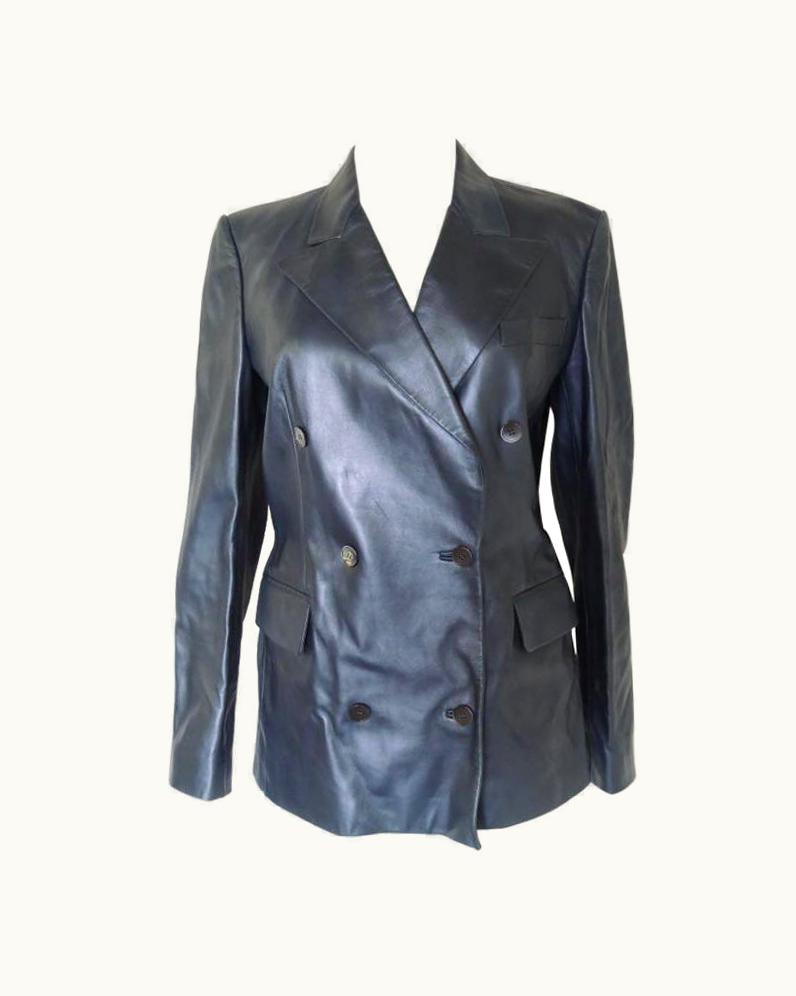 Saint Laurent Vintage Yves Saint Laurent Rive Gauche Metallic Blue Leather Blazer Jacket