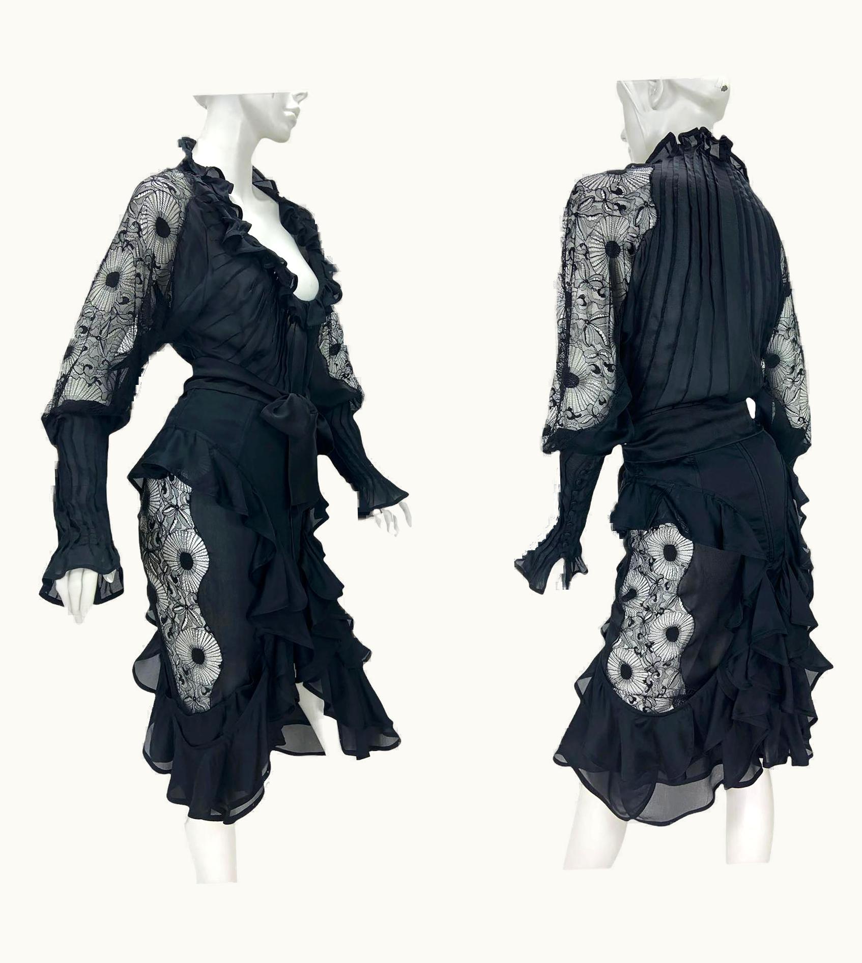 Saint Laurent Tom Ford For Yves Saint Laurent AW 2003 Lace Silk Ruffle Skirt Suit French