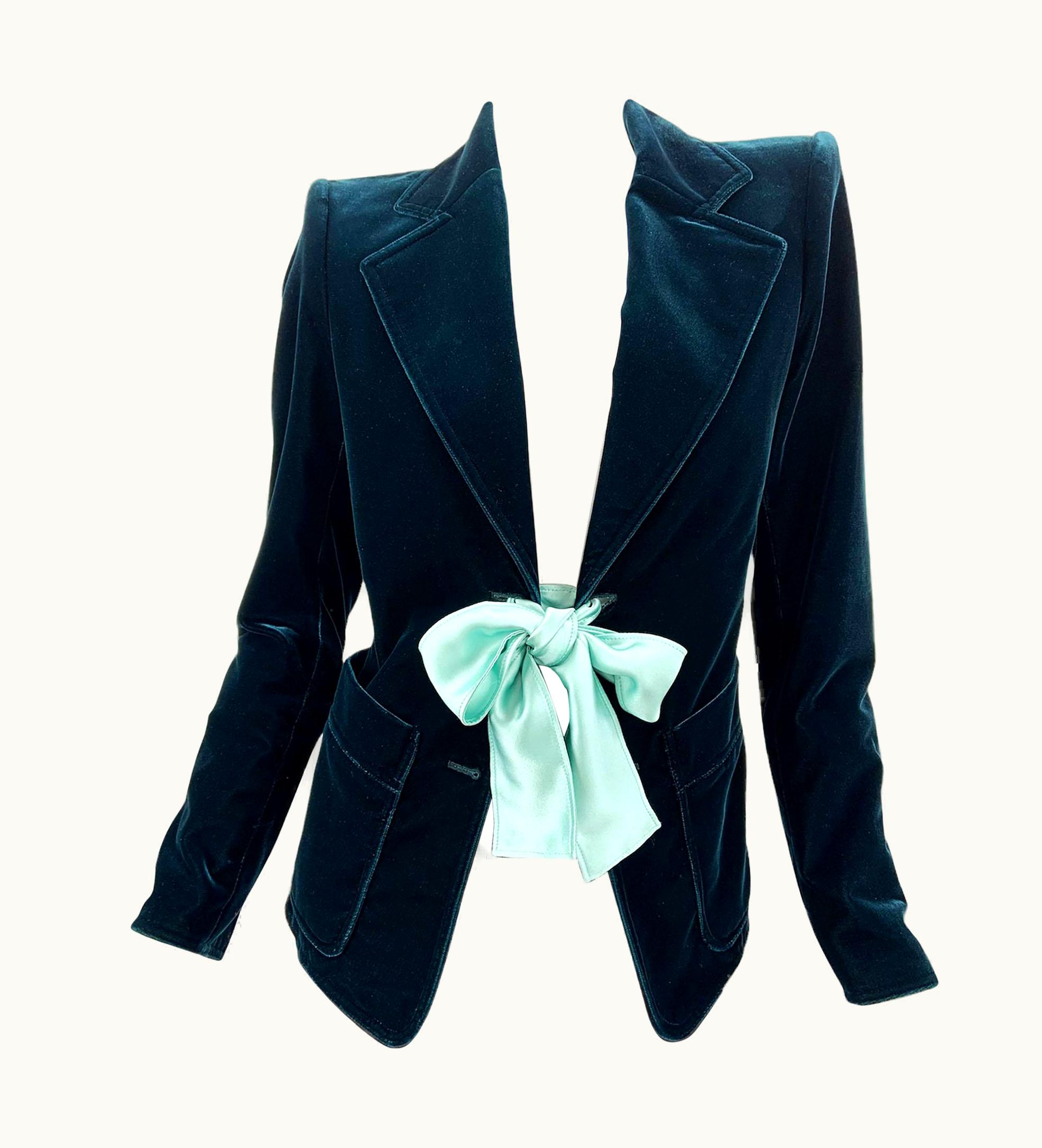 Saint Laurent Tom Ford For Yves Saint Laurent Runway AW 2003 Green Velvet Bow Blazer Jacket
