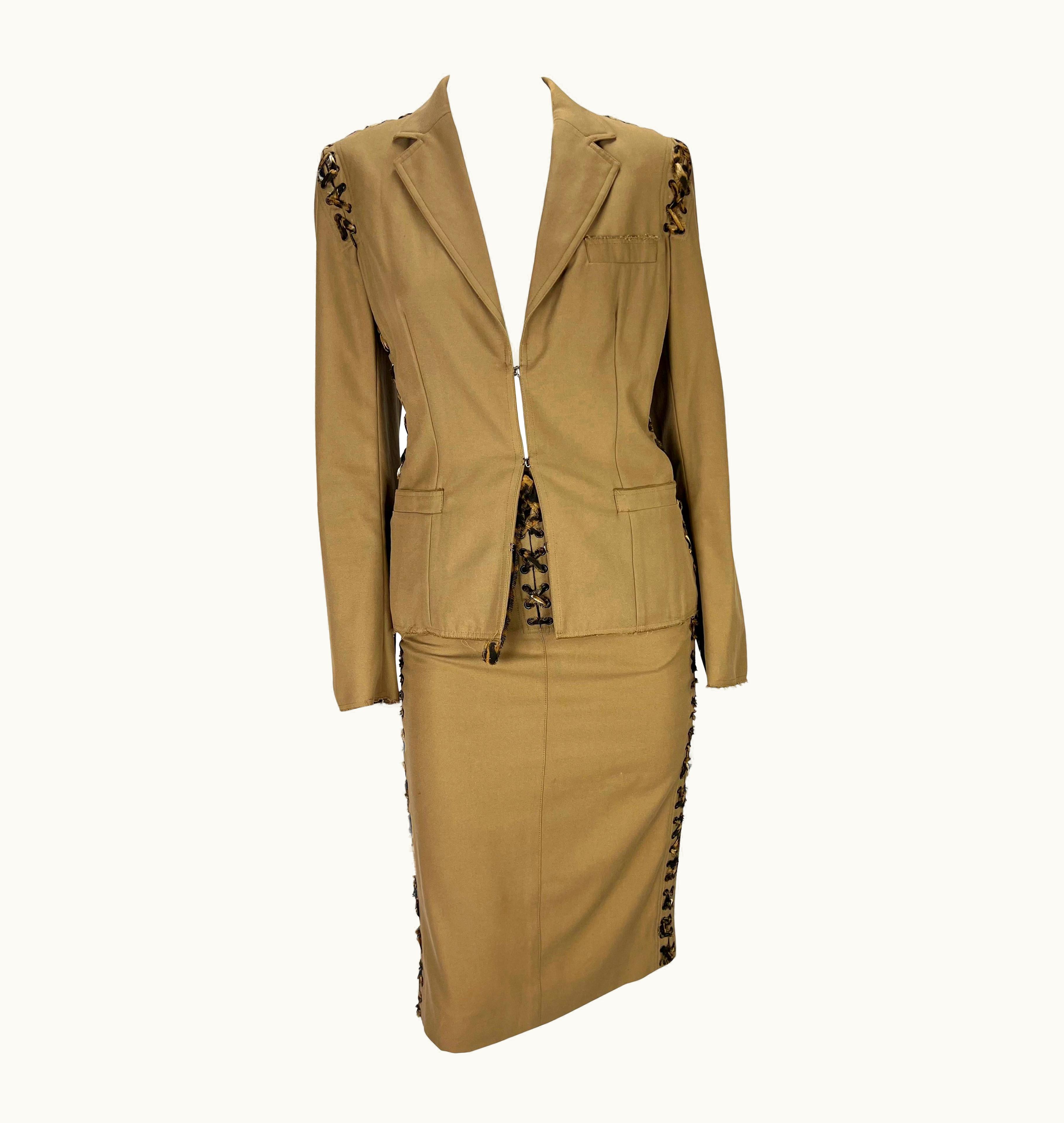 Saint Laurent S/S 2002 Yves Saint Laurent By Tom Ford Safari Cheetah Print Lace-Up Khaki Suit