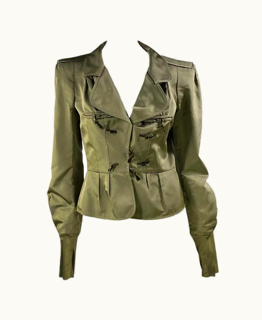 Saint Laurent AW 2004 Yves Saint Laurent By Tom Ford Olive Silk Pagoda Chinoiserie Jacket