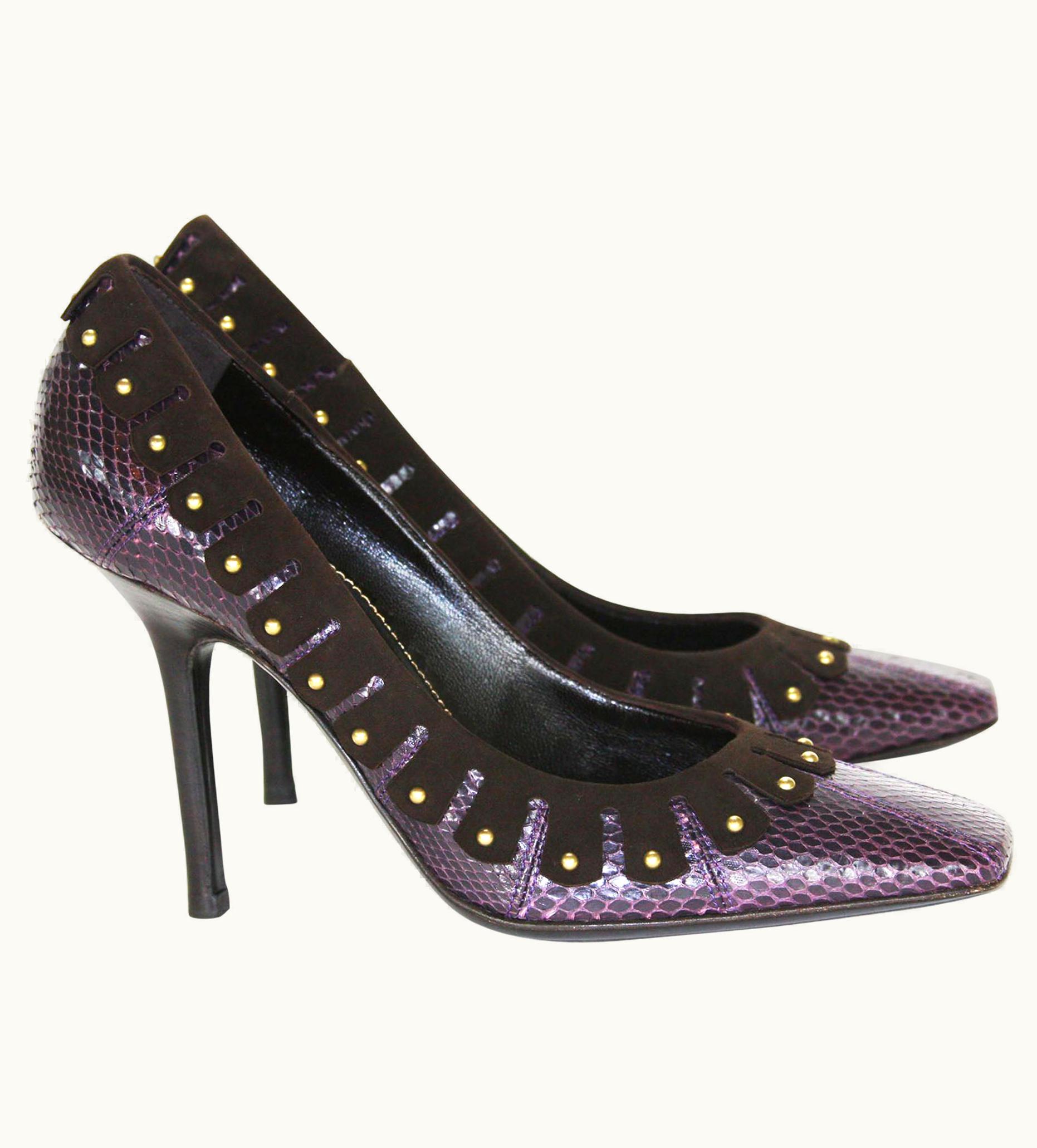 Saint Laurent Tom Ford For Yves Saint Laurent Snake Studded Plum Pumps Shoes 37.5