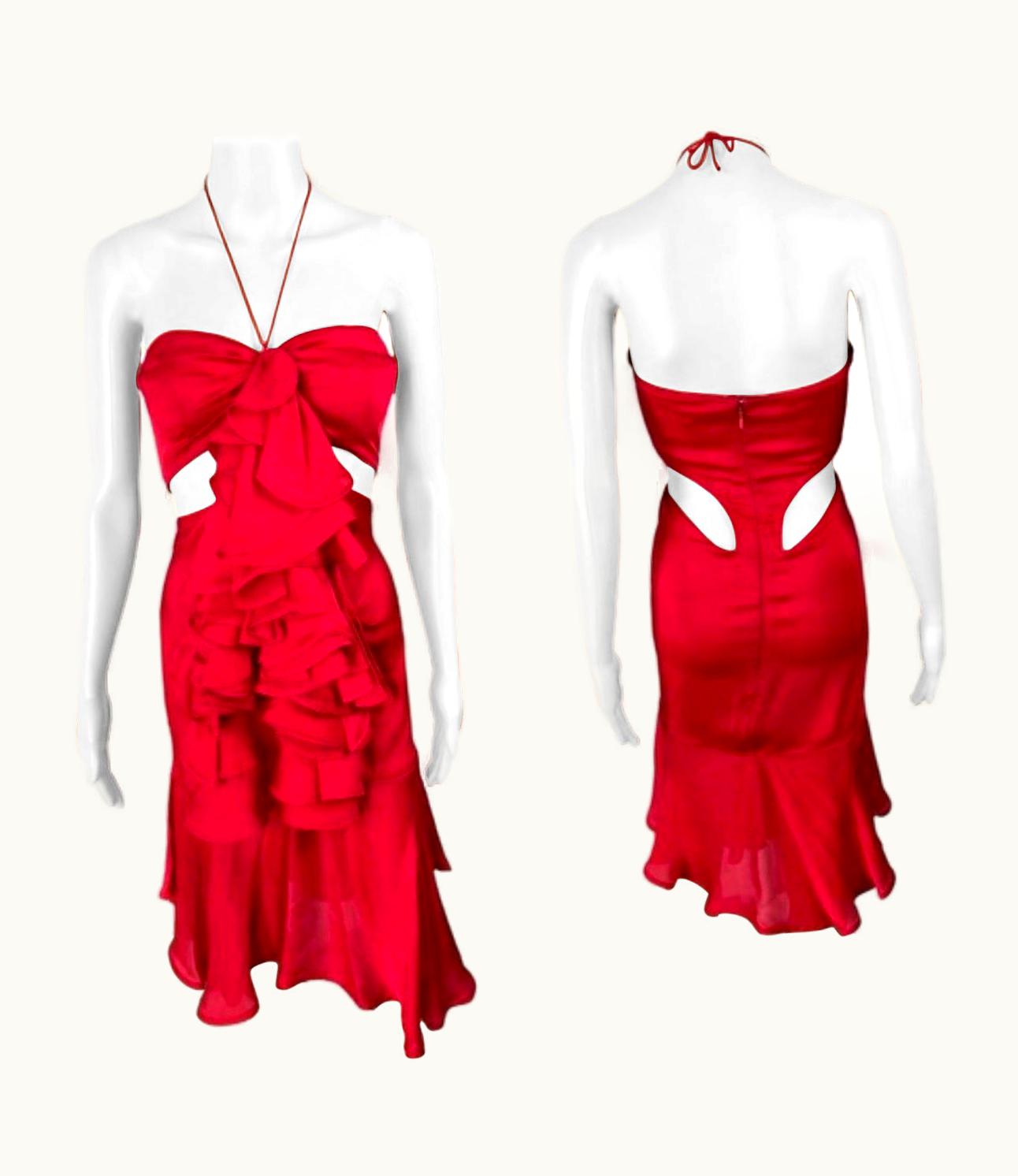 Saint Laurent Tom Ford For Yves Saint Laurent AW 2003 Runway Ruffled Cutout Bra Red Dress