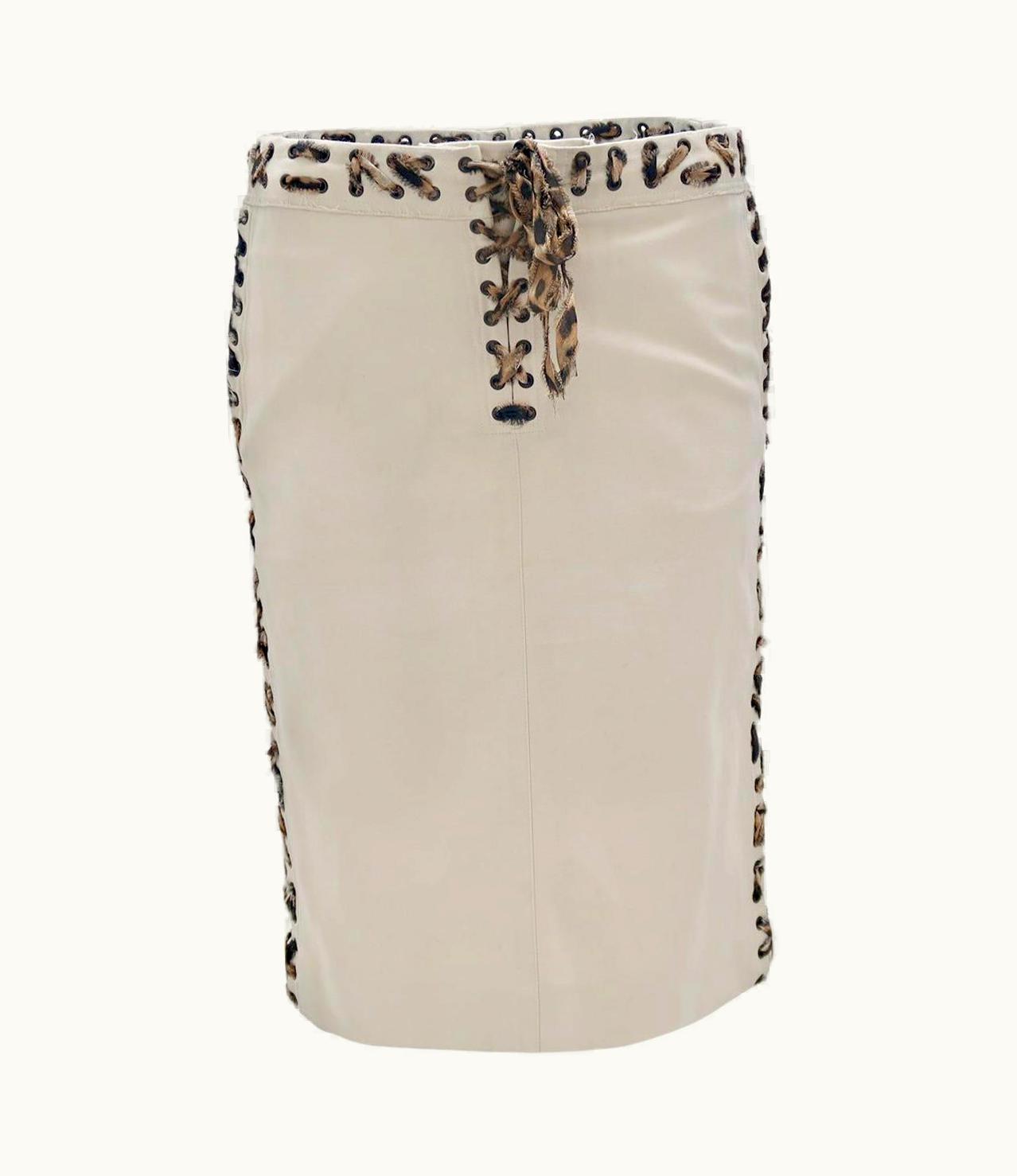 Saint Laurent Yves Saint Laurent By Tom Ford S/S-02 Cotton Laced Safari Skirt With Leopard Trim UZ0586230
