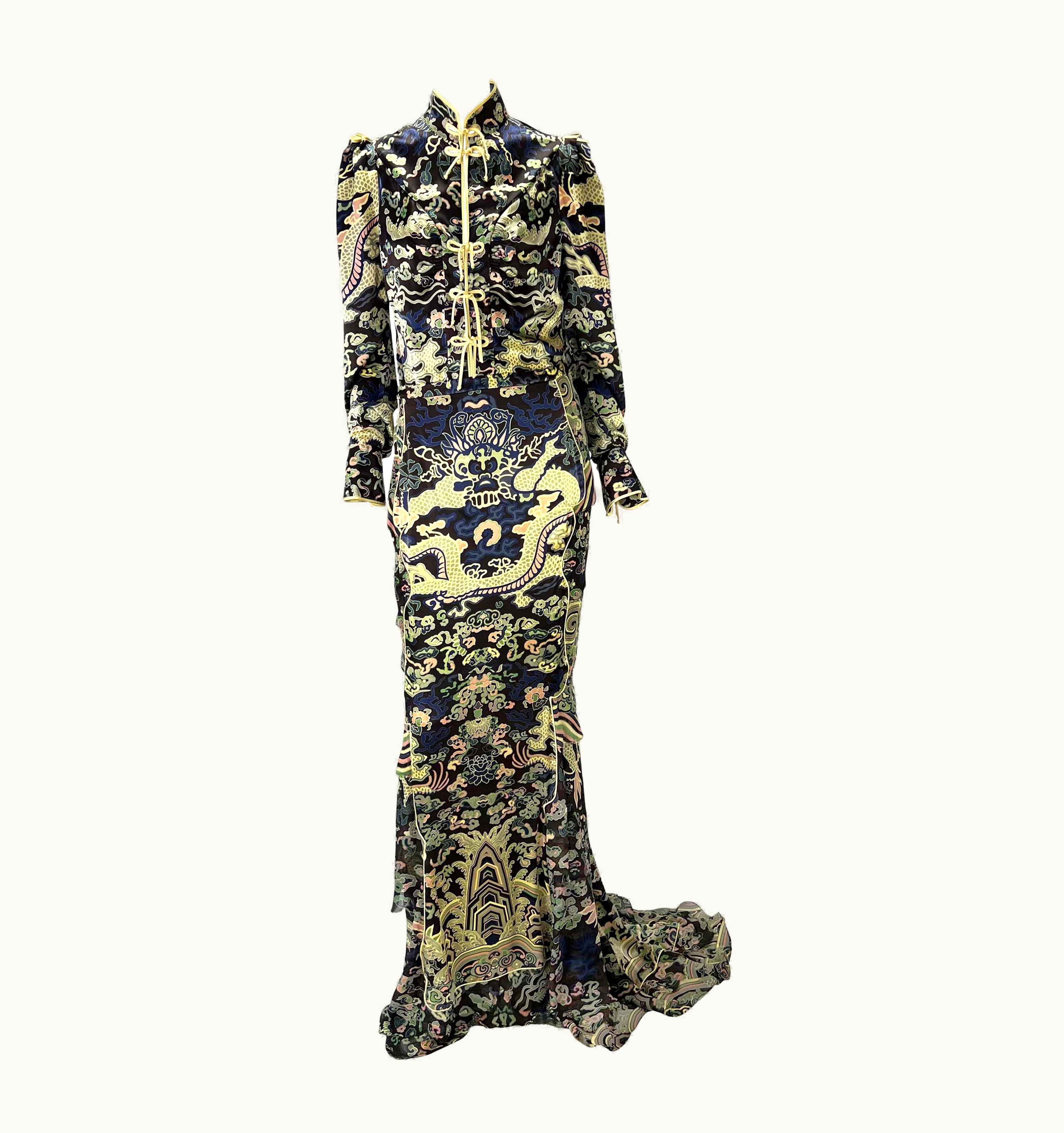 Saint Laurent AW 2004 Yves Saint Laurent By Tom Ford Finale Dragon Print Silk Maxi Skirt Set