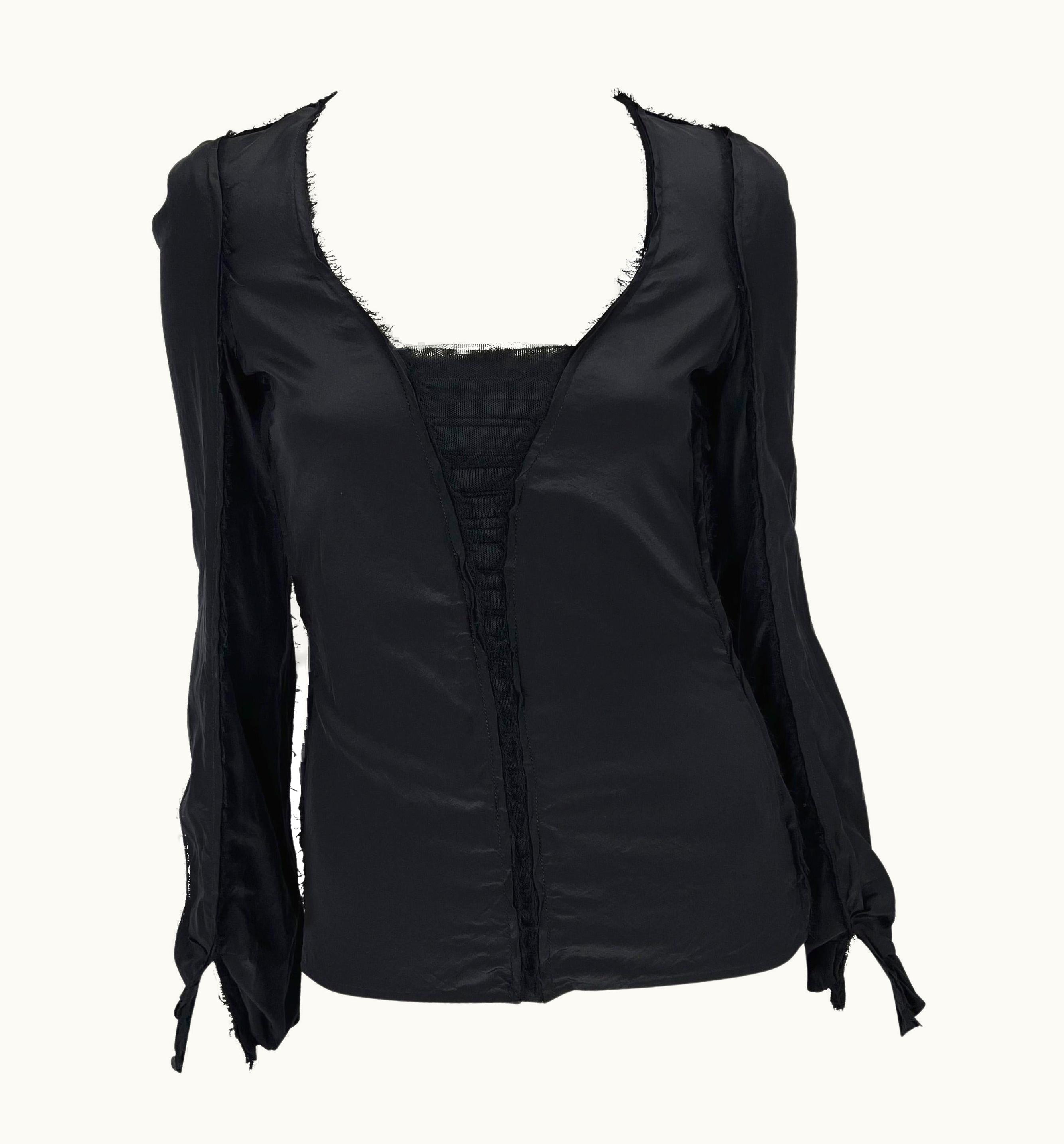 Saint Laurent AW 2002 Yves Saint Laurent By Tom Ford Black Raw-Edge Silk Sheer Plunge Top