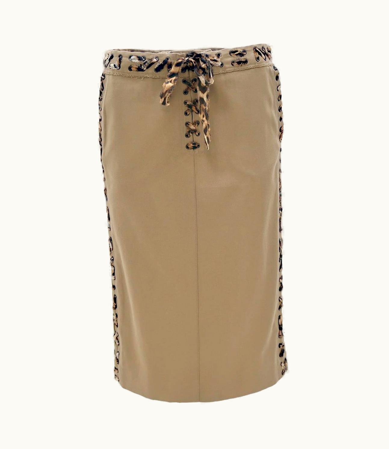 Saint Laurent Yves Saint Laurent By Tom Ford S/S-02 Cotton Laced Safari Skirt With Leopard Trim UZ0586240
