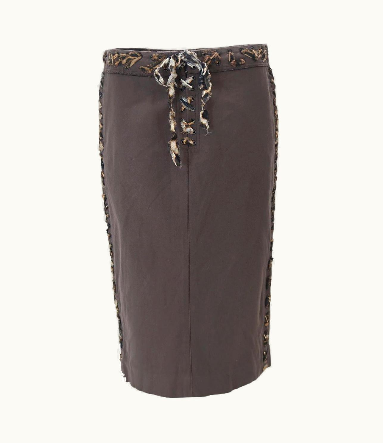 Saint Laurent Yves Saint Laurent By Tom Ford S/S-02 Cotton Laced Safari Skirt With Leopard Trim UZ0586241