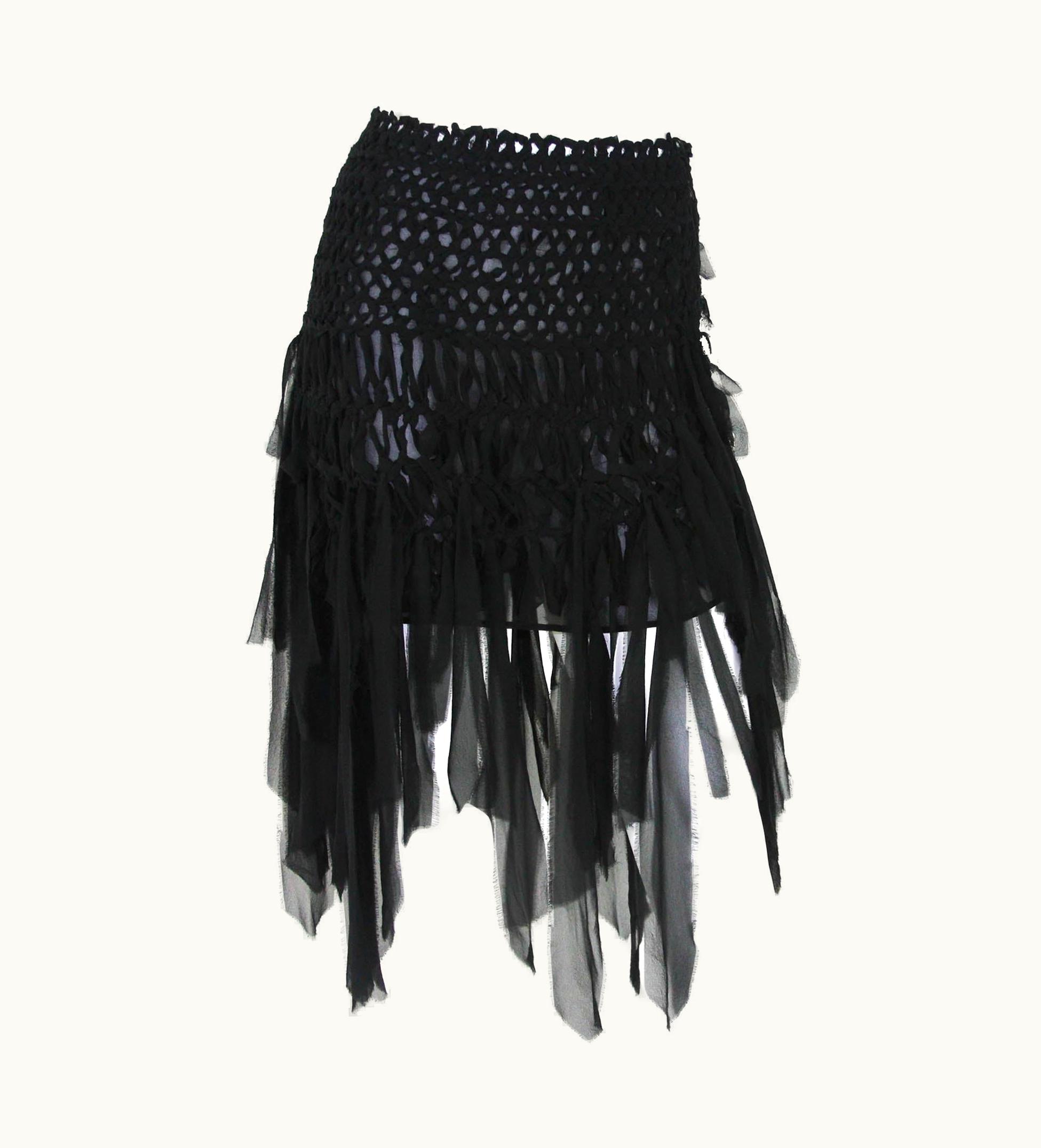 Saint Laurent Tom Ford For Yves Saint Laurent S/S 2002 Mini Black Silk Woven Fringe Skirt
