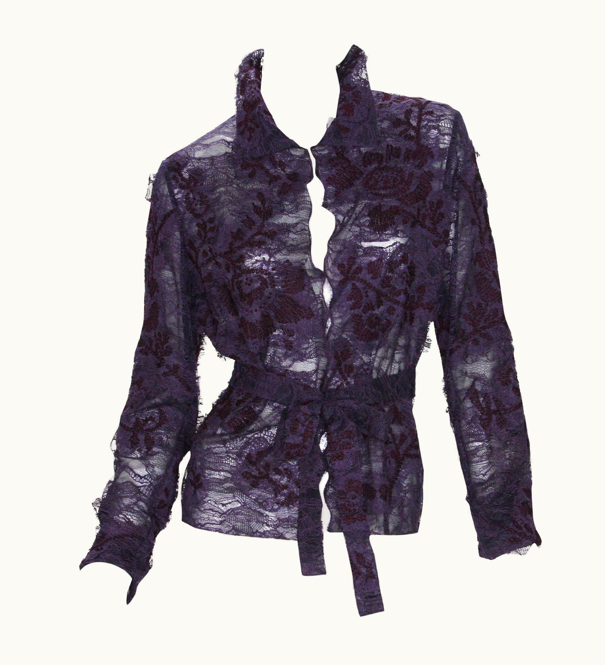 Saint Laurent $4395 Tom Ford For Yves Saint Laurent AW 2001 Lace Belted Plum Blouse Fr