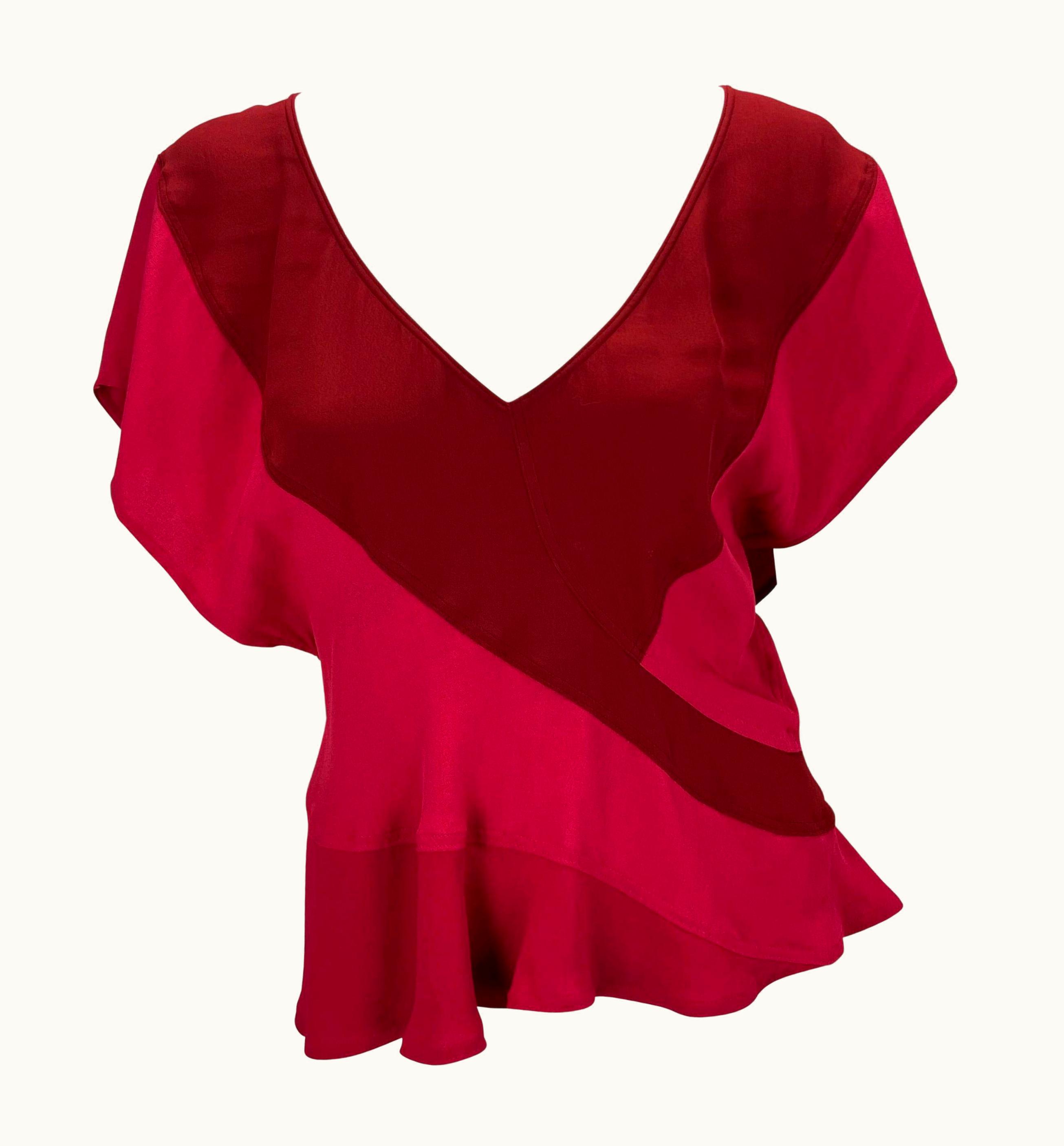 Saint Laurent S/S 2003 Yves Saint Laurent By Tom Ford Pink Red Silk Panel Ruffle Blouse