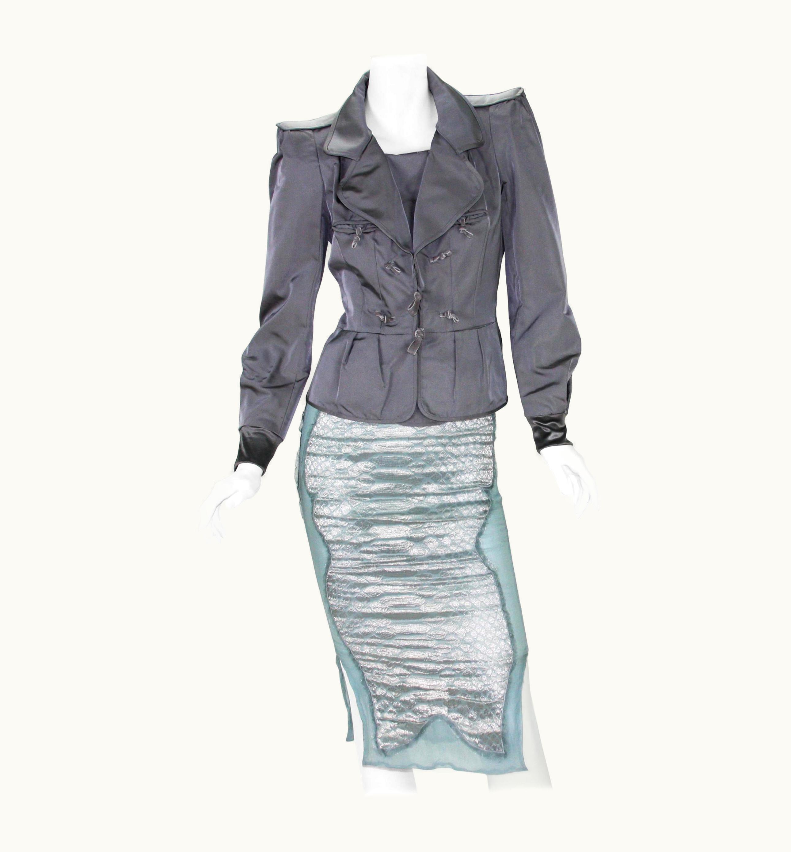 Saint Laurent Tom Ford For Yves Saint Laurent AW 2004 Silk Pagoda Jacket Skirt Suit Fr