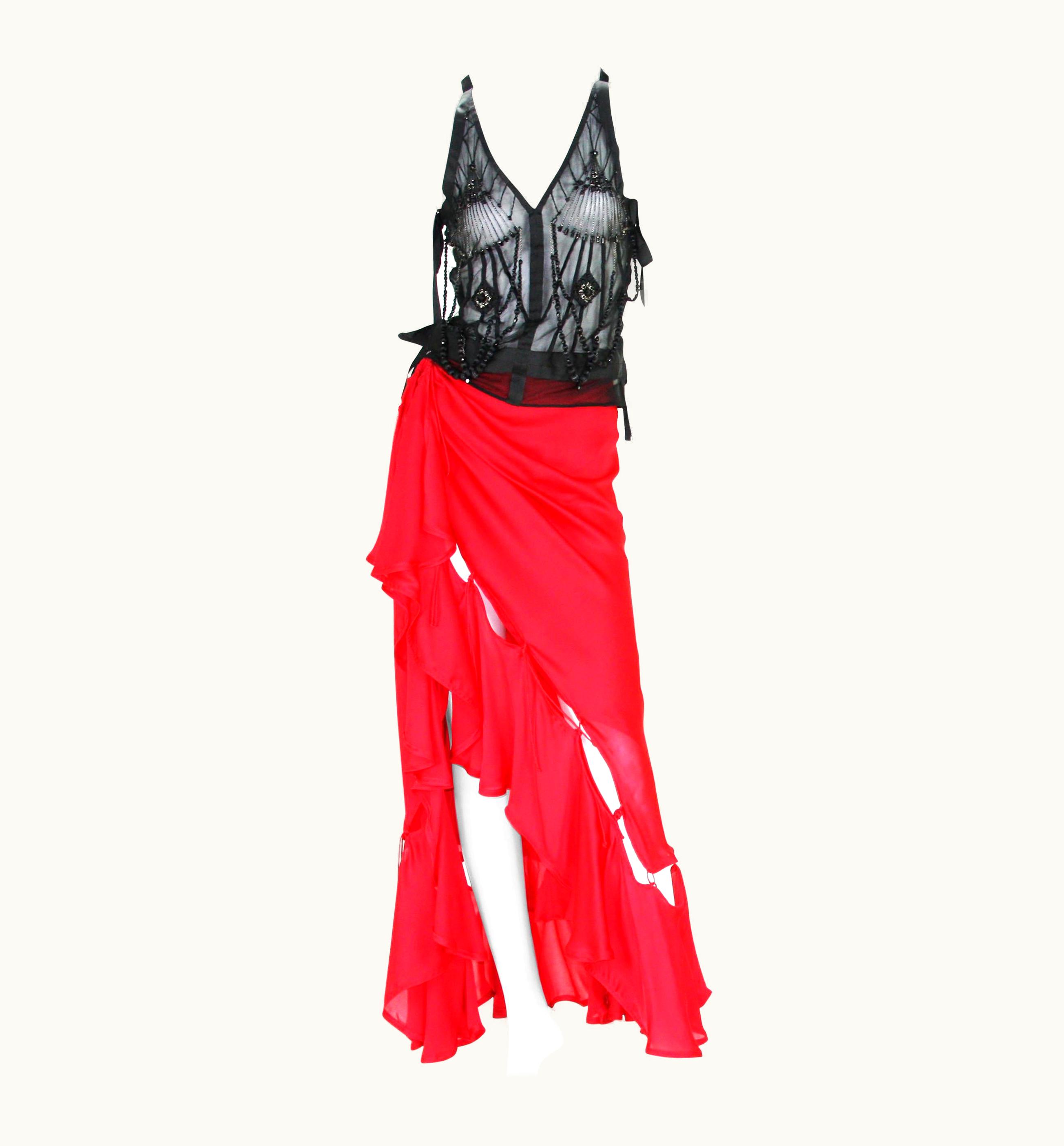 Saint Laurent Tom Ford For Yves Saint Laurent AW 2003 Silk Skirt Beaded Sheer Black Top Set