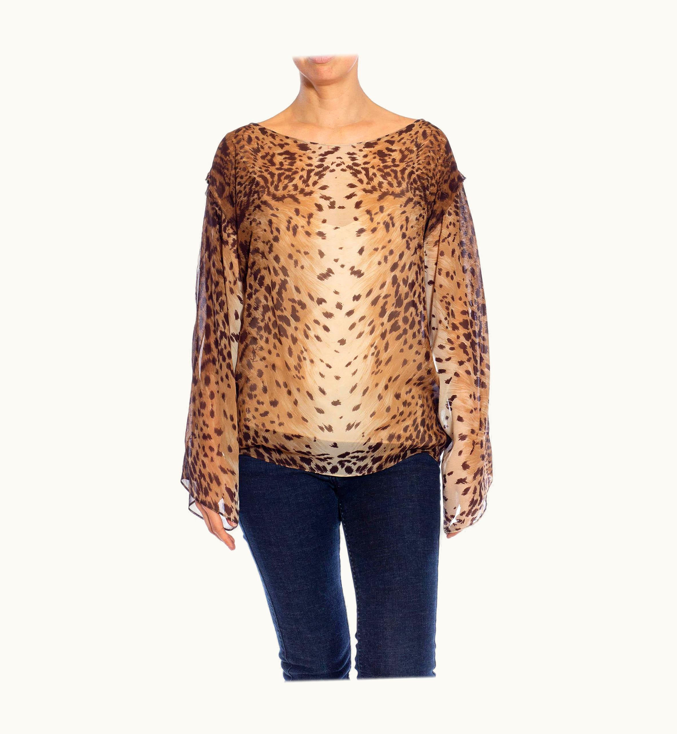 Saint Laurent 2000s Yves Saint Laurent Brown Animal Print Silk Chiffon Oversized Top