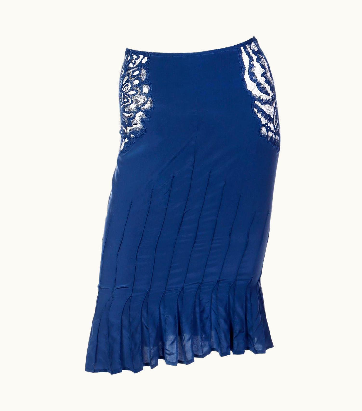 Saint Laurent Tom Ford YSL Vintage Blue Silk 2003 Runway Skirt W Sheer Floral Lace Cutwork