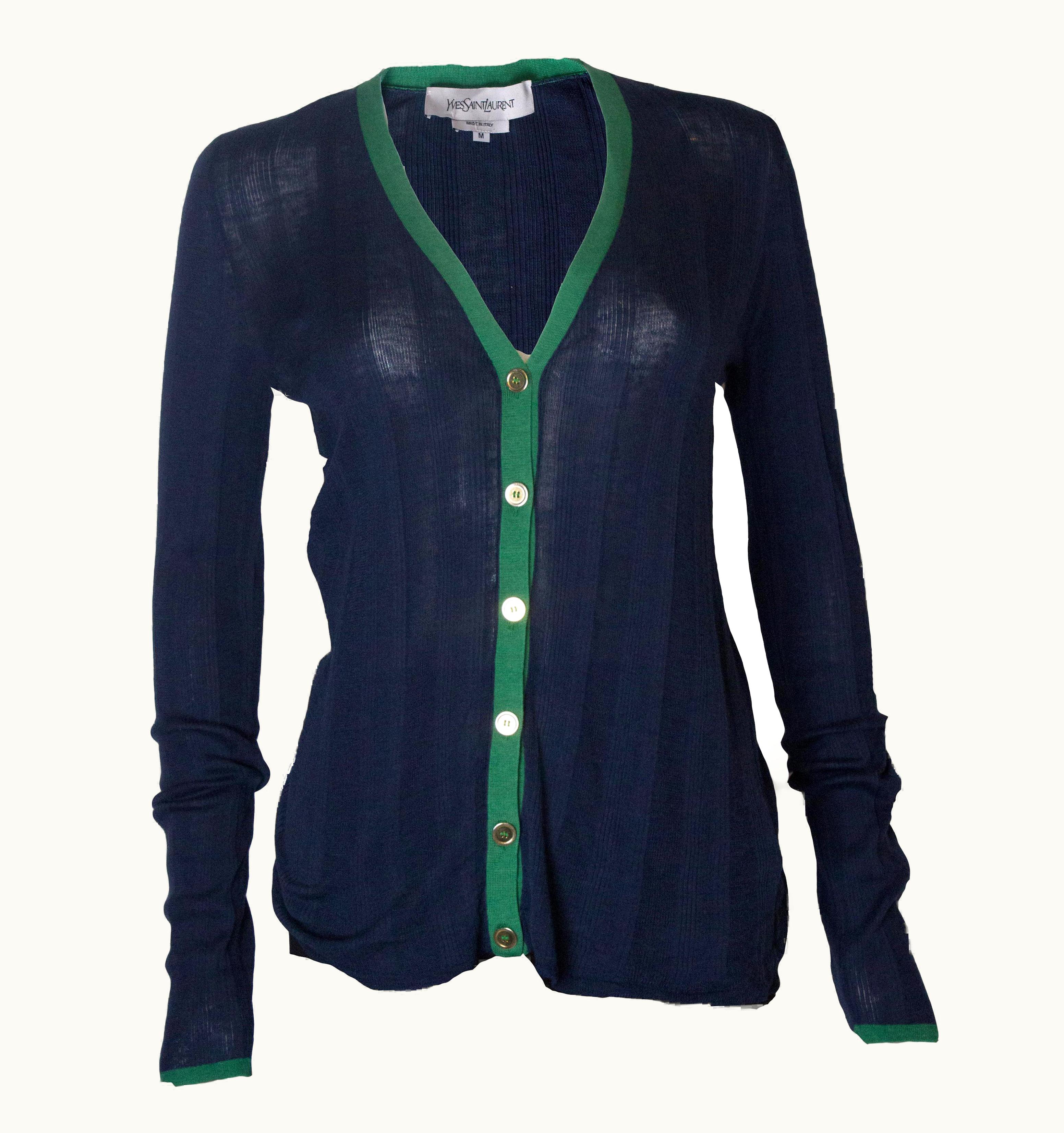 Saint Laurent A Vintage 2000 Navy Silk Mix Cardigan By Yves Saint Laurent