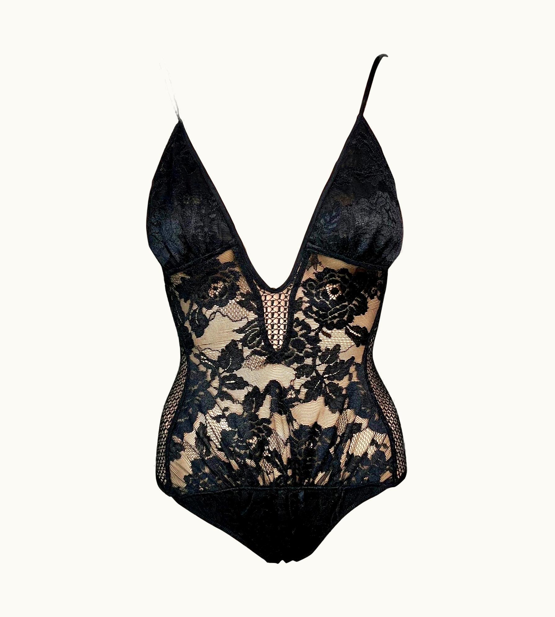 Saint Laurent Tom Ford For Yves Saint Laurent YSL C.2002 Sheer Lace Fishnet Black Bodysuit Top