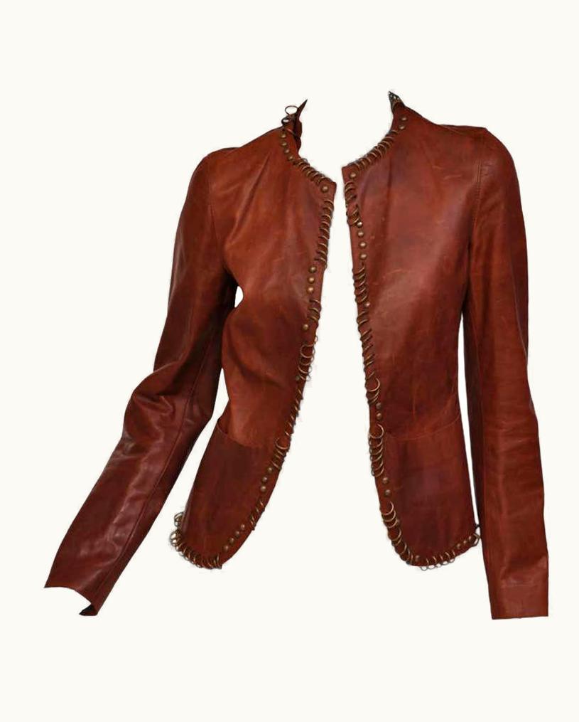 Saint Laurent S/S 2002 Tom Ford For YSL Ring Embellished Safari Cognac Leather Jacket