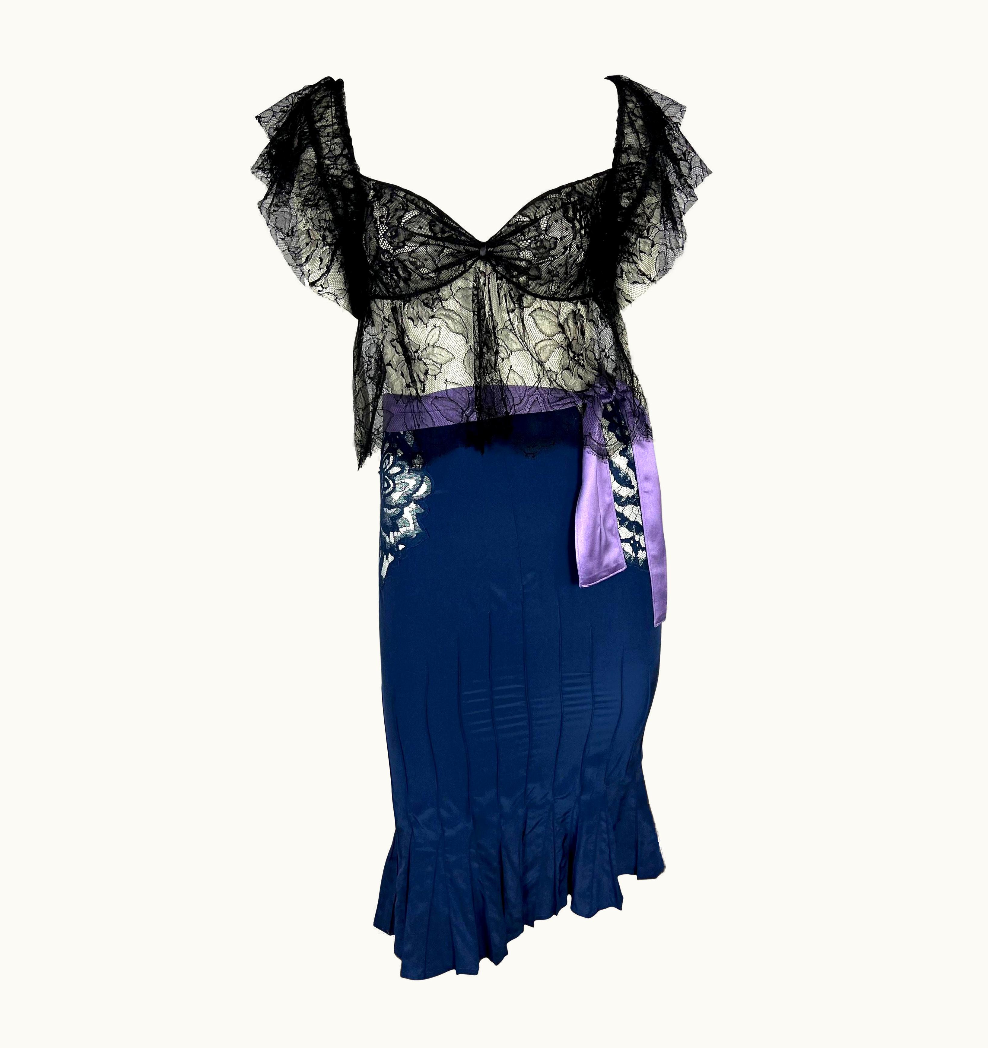 Saint Laurent AW 2003 Yves Saint Laurent By Tom Ford Runway Purple Satin Sheer Lace Skirt Set