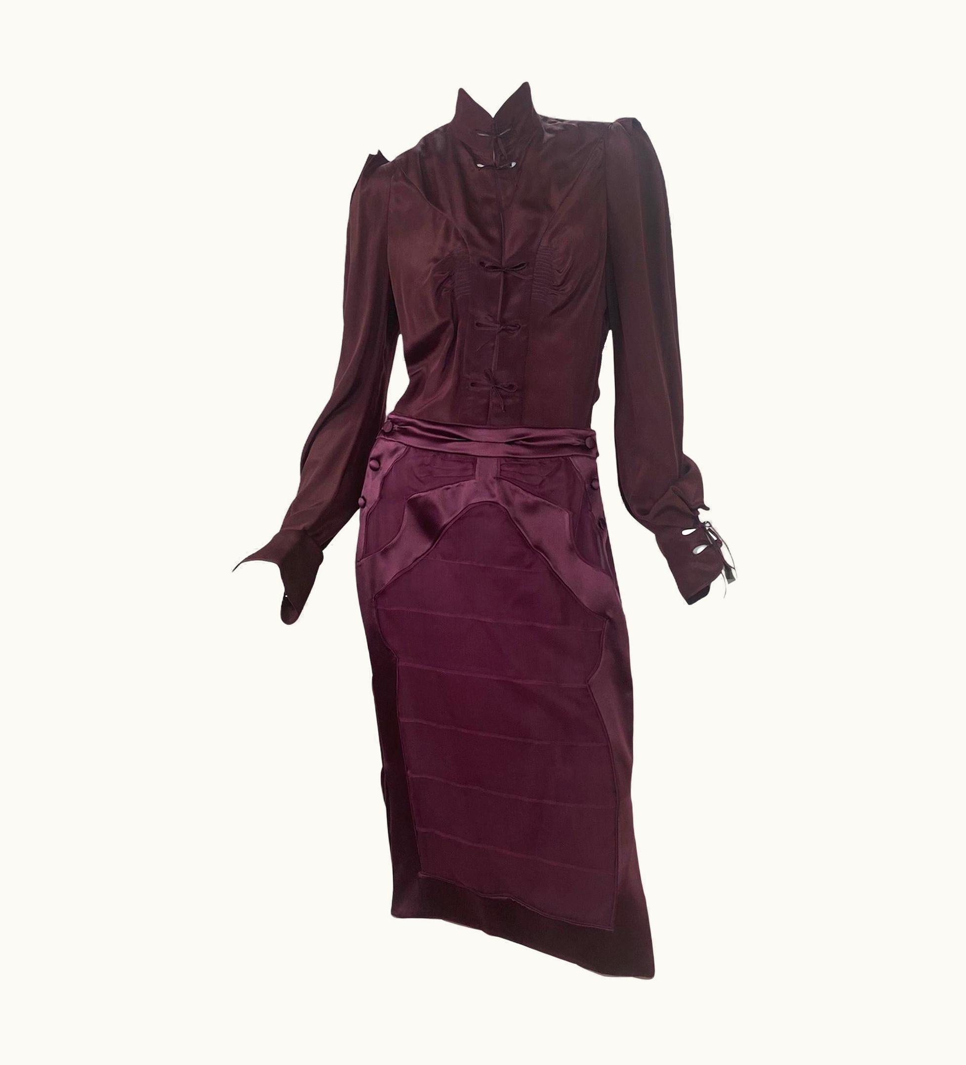 Saint Laurent 2004 Vintage Tom Ford For Yves Saint Laurent Burgundy Silk Chinoiserie Suit