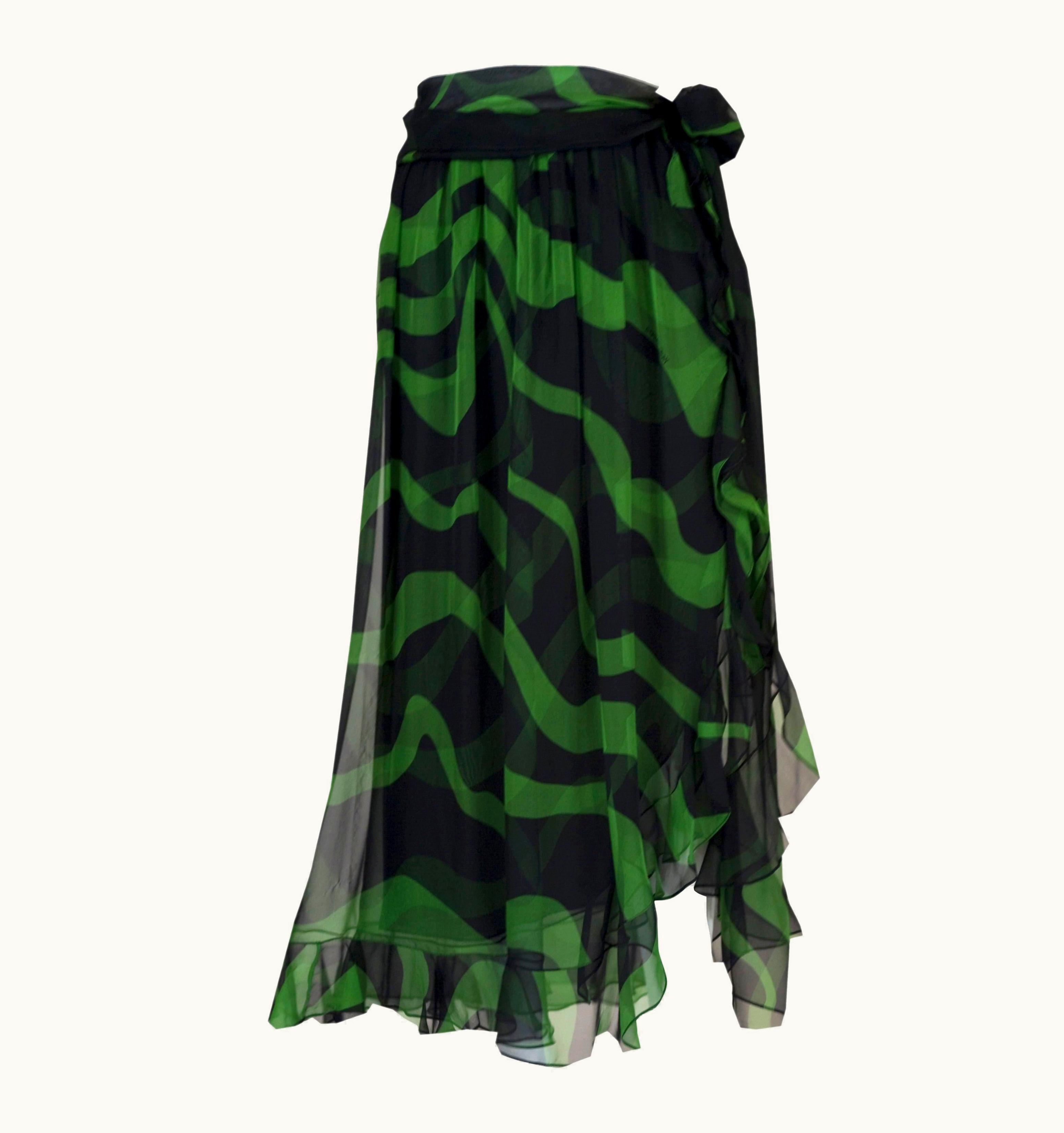 Saint Laurent Yves Saint Laurent Black And Green Silk Chiffon Ruffle Trim Sash Skirt 2004 UZ0586400